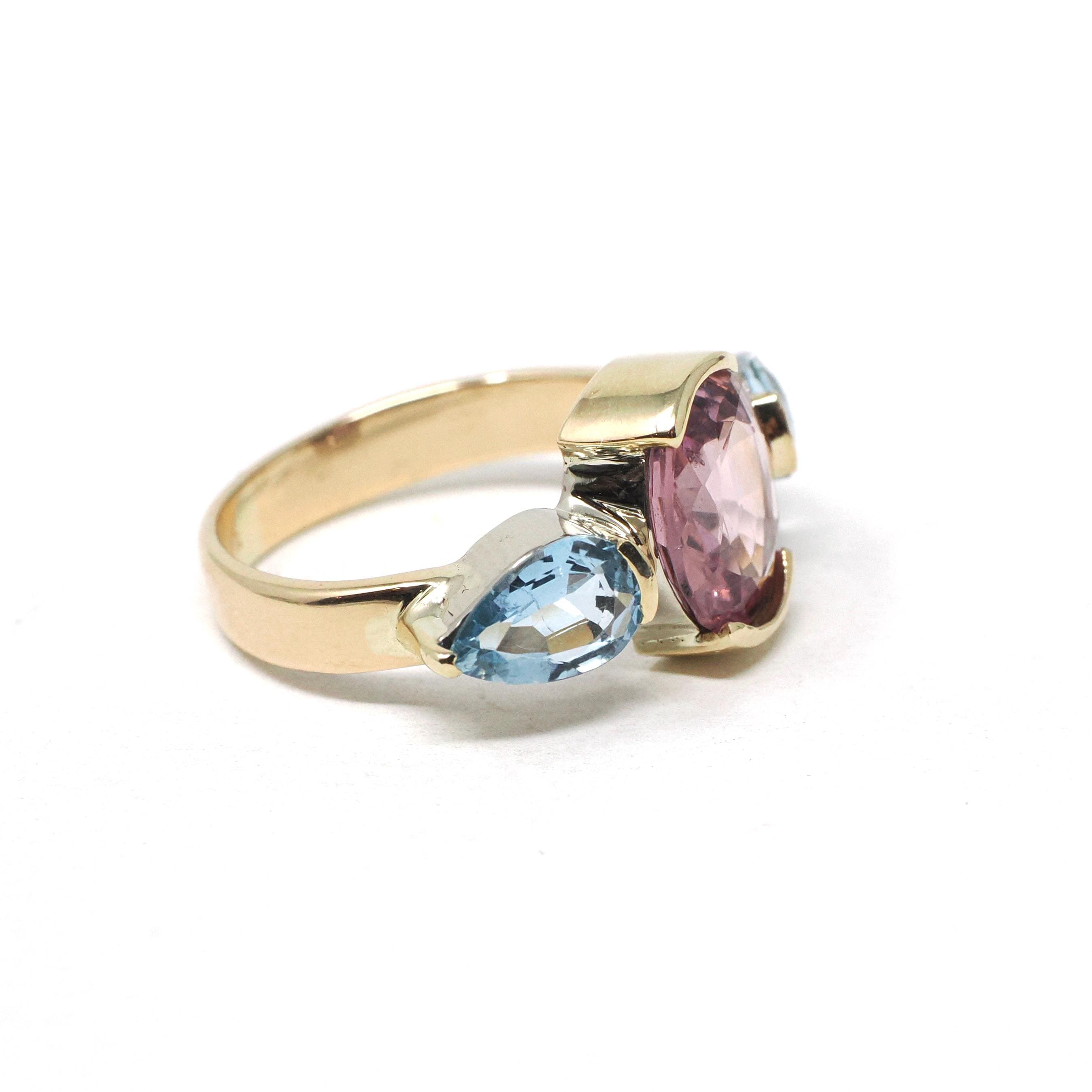 Pink Spinel & Aquamarine Ring - Estate 14k Yellow Gold Gemstone Band - Modern Circa 2000's Era Size 6 1/2 Three Stone Fine Statement Jewelry