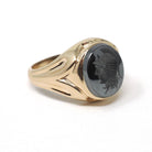 Vintage Hematite Ring - Retro 10k Yellow Gold Intaglio Carved Gray Roman Gem Warrior - Circa 1960s Era Size 10 Unisex Fine Statement Jewelry