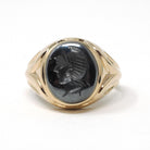 Vintage Hematite Ring - Retro 10k Yellow Gold Intaglio Carved Gray Roman Gem Warrior - Circa 1960s Era Size 10 Unisex Fine Statement Jewelry