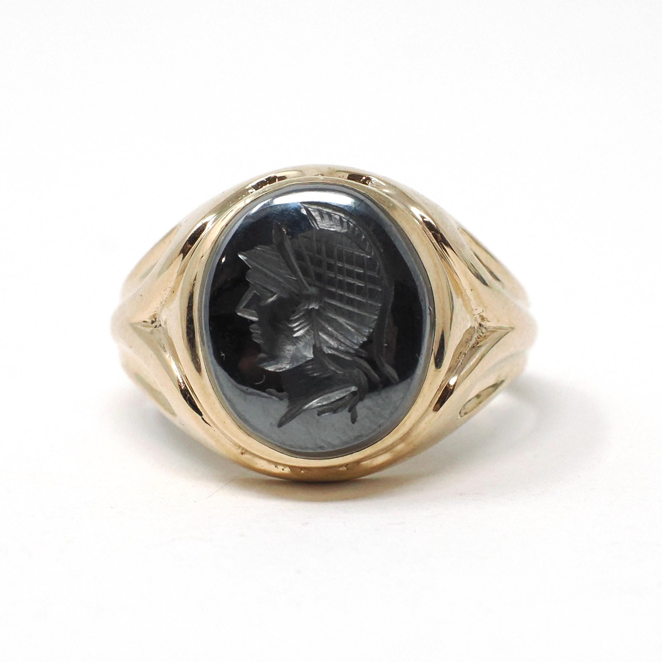 Vintage Hematite Ring - Retro 10k Yellow Gold Intaglio Carved Gray Roman Gem Warrior - Circa 1960s Era Size 10 Unisex Fine Statement Jewelry