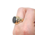Vintage Hematite Ring - Retro 10k Yellow Gold Intaglio Carved Gray Roman Gem Warrior - Circa 1960s Era Size 10 Unisex Fine Statement Jewelry