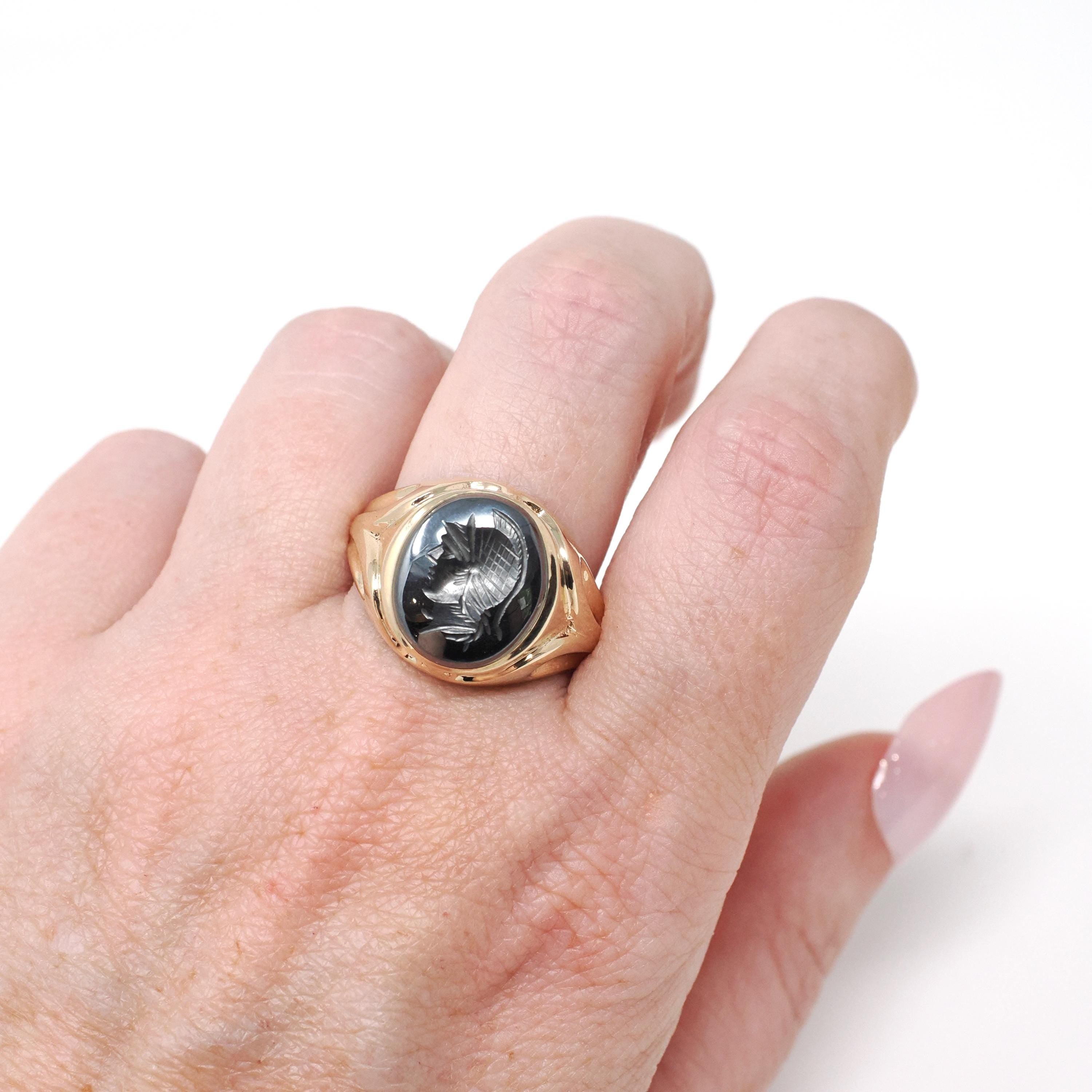 Vintage Hematite Ring - Retro 10k Yellow Gold Intaglio Carved Gray Roman Gem Warrior - Circa 1960s Era Size 10 Unisex Fine Statement Jewelry