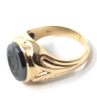 Vintage Hematite Ring - Retro 10k Yellow Gold Intaglio Carved Gray Roman Gem Warrior - Circa 1960s Era Size 10 Unisex Fine Statement Jewelry