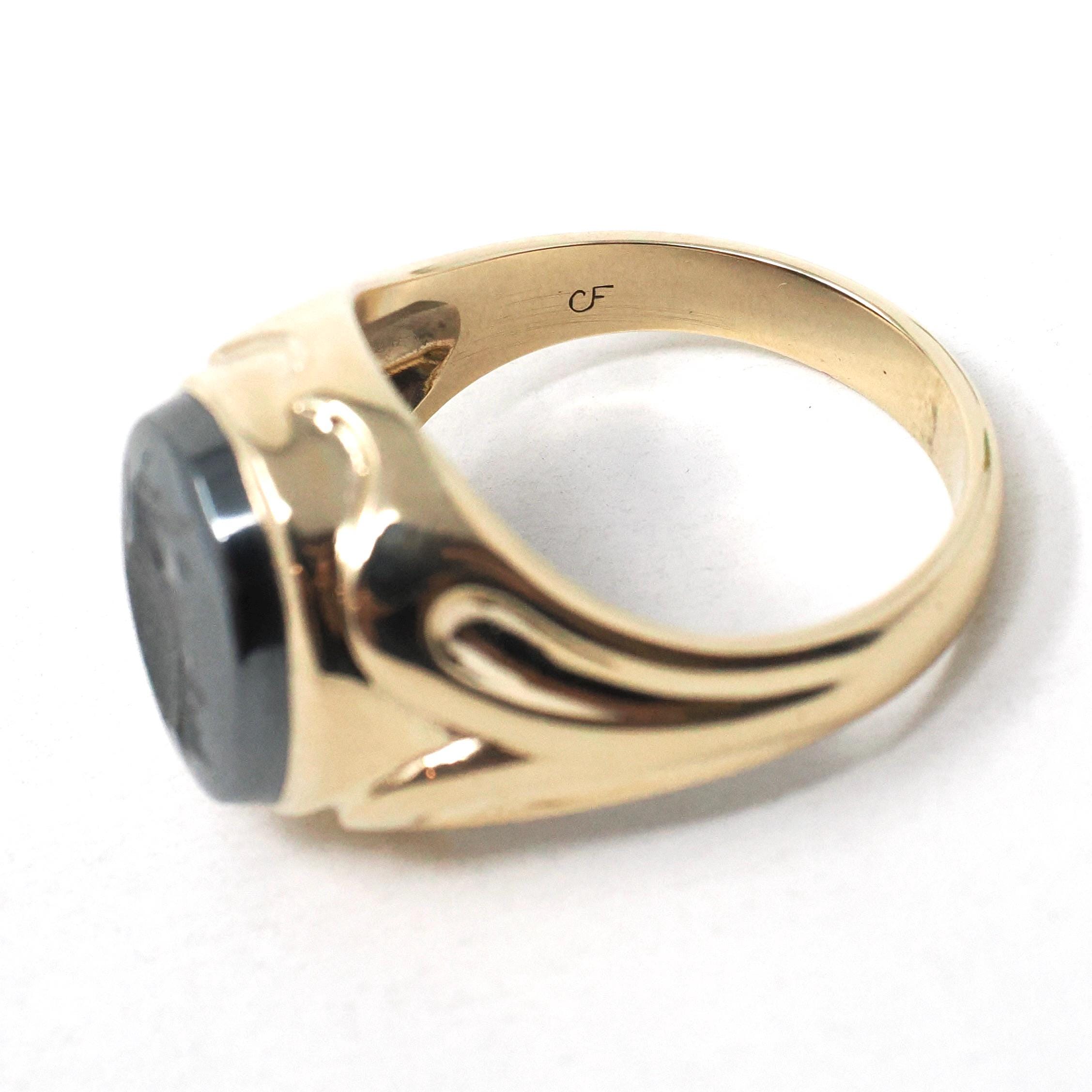 Vintage Hematite Ring - Retro 10k Yellow Gold Intaglio Carved Gray Roman Gem Warrior - Circa 1960s Era Size 10 Unisex Fine Statement Jewelry
