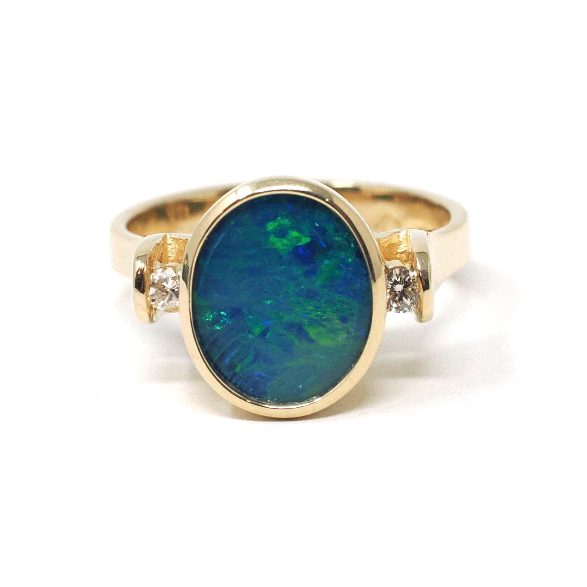 Opal Doublet Ring - Estate 14k Yellow Gold Natural Diamond Accents - Modern 2000s Size 6 1/2 Blue Green Oval Fine October Birthstone Jewelry