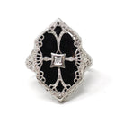 Onyx Filigree Ring - Art Deco Era 14k White Gold Black Chalcedony Navette - Antique Circa 1920s Era Size 6 1/4 Diamond Accent Fine Jewelry