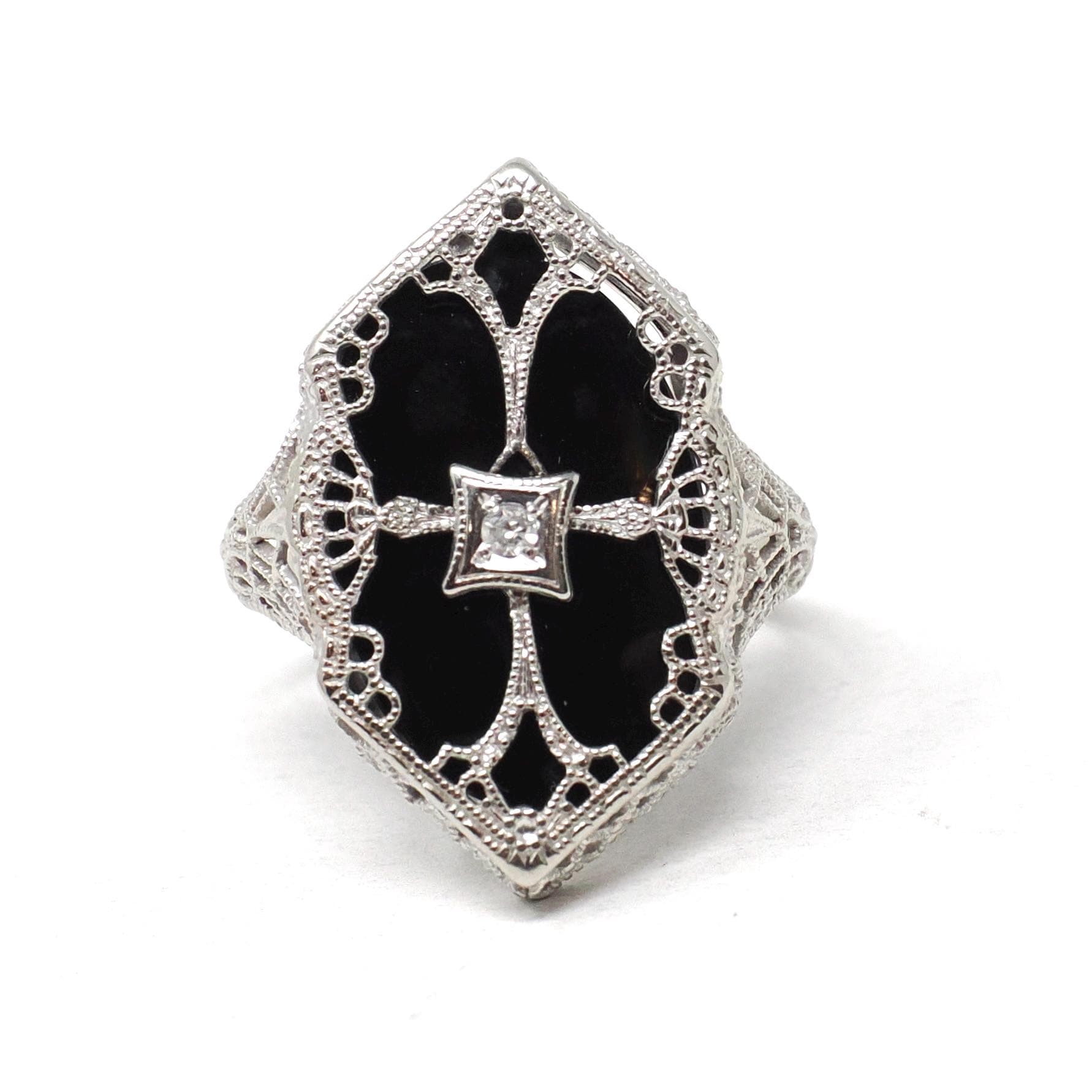 Onyx Filigree Ring - Art Deco Era 14k White Gold Black Chalcedony Navette - Antique Circa 1920s Era Size 6 1/4 Diamond Accent Fine Jewelry