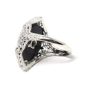 Onyx Filigree Ring - Art Deco Era 14k White Gold Black Chalcedony Navette - Antique Circa 1920s Era Size 6 1/4 Diamond Accent Fine Jewelry