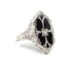 Onyx Filigree Ring - Art Deco Era 14k White Gold Black Chalcedony Navette - Antique Circa 1920s Era Size 6 1/4 Diamond Accent Fine Jewelry