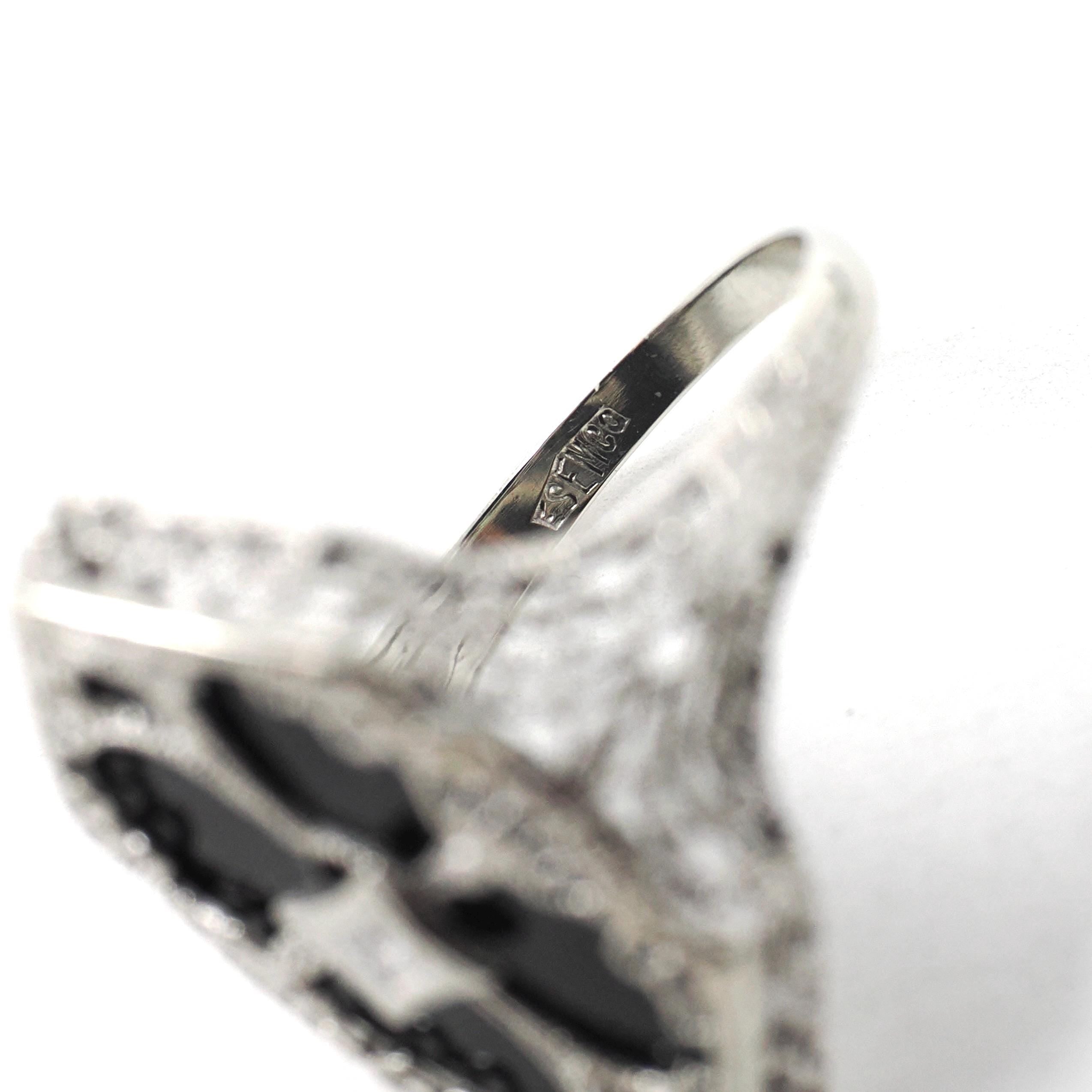 Onyx Filigree Ring - Art Deco Era 14k White Gold Black Chalcedony Navette - Antique Circa 1920s Era Size 6 1/4 Diamond Accent Fine Jewelry