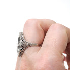 Onyx Filigree Ring - Art Deco Era 14k White Gold Black Chalcedony Navette - Antique Circa 1920s Era Size 6 1/4 Diamond Accent Fine Jewelry