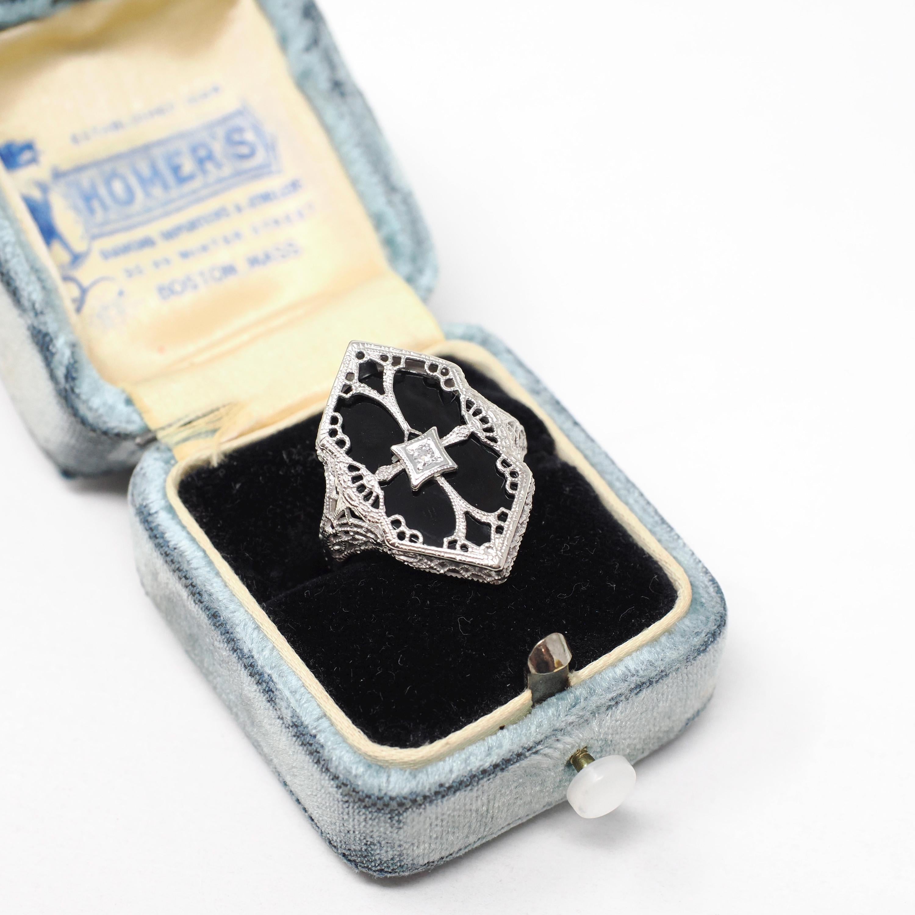 Onyx Filigree Ring - Art Deco Era 14k White Gold Black Chalcedony Navette - Antique Circa 1920s Era Size 6 1/4 Diamond Accent Fine Jewelry
