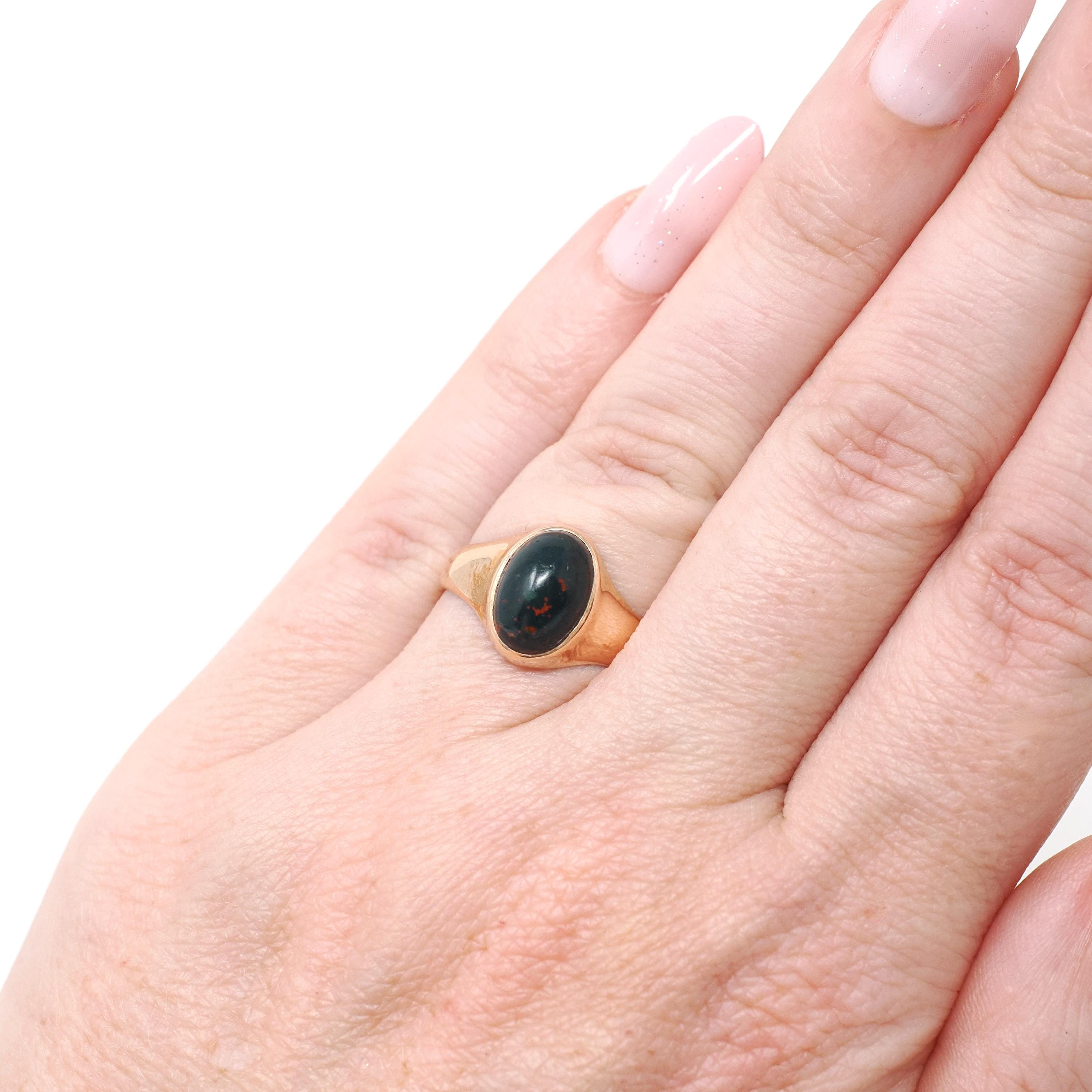 Antique Bloodstone Ring - Edwardian 10k Rose Gold Dark Green Red Oval Cabochon Gem - Dated 1916 Size 5 1/4 Heliotrope Fine Statement Jewelry