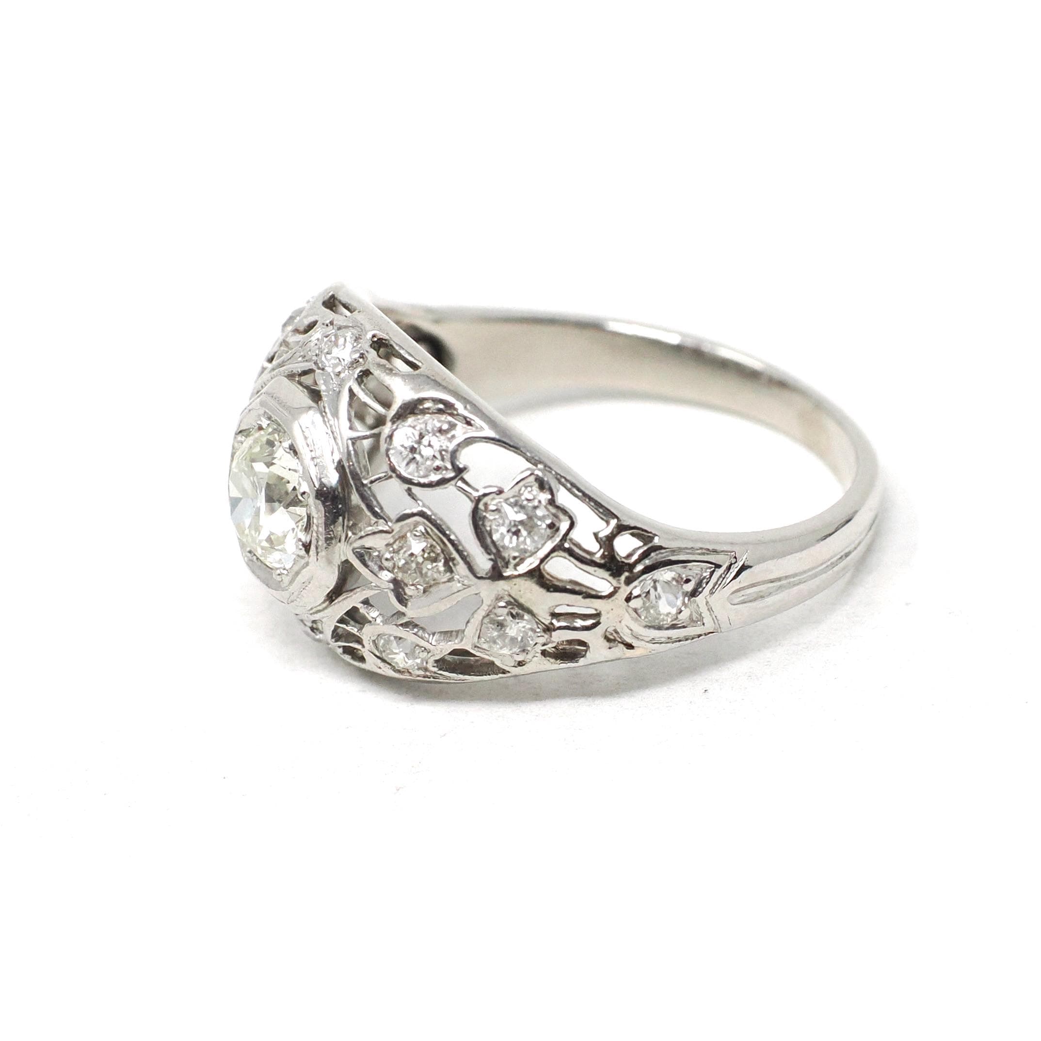 Antique Engagement Ring - Platinum .79 CTW Natural Diamond Anniversary Filigree Band - Circa 1910s Size 5.5 Octagonal Setting Fine Jewelry