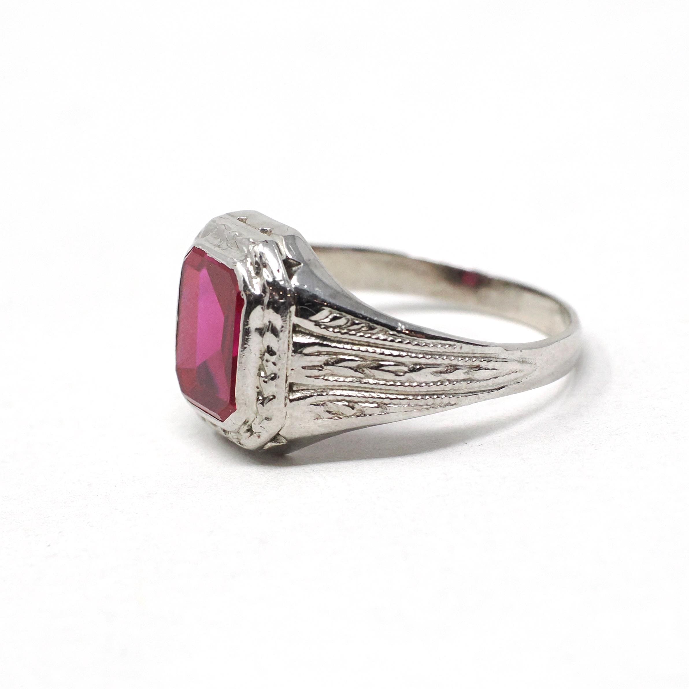 Art Deco Ring - Vintage 10k White Gold Bezel Set Created Red Ruby Gemstone - Circa 1930s Size 5 3/4 July Birthstone Fine Statement Jewelry