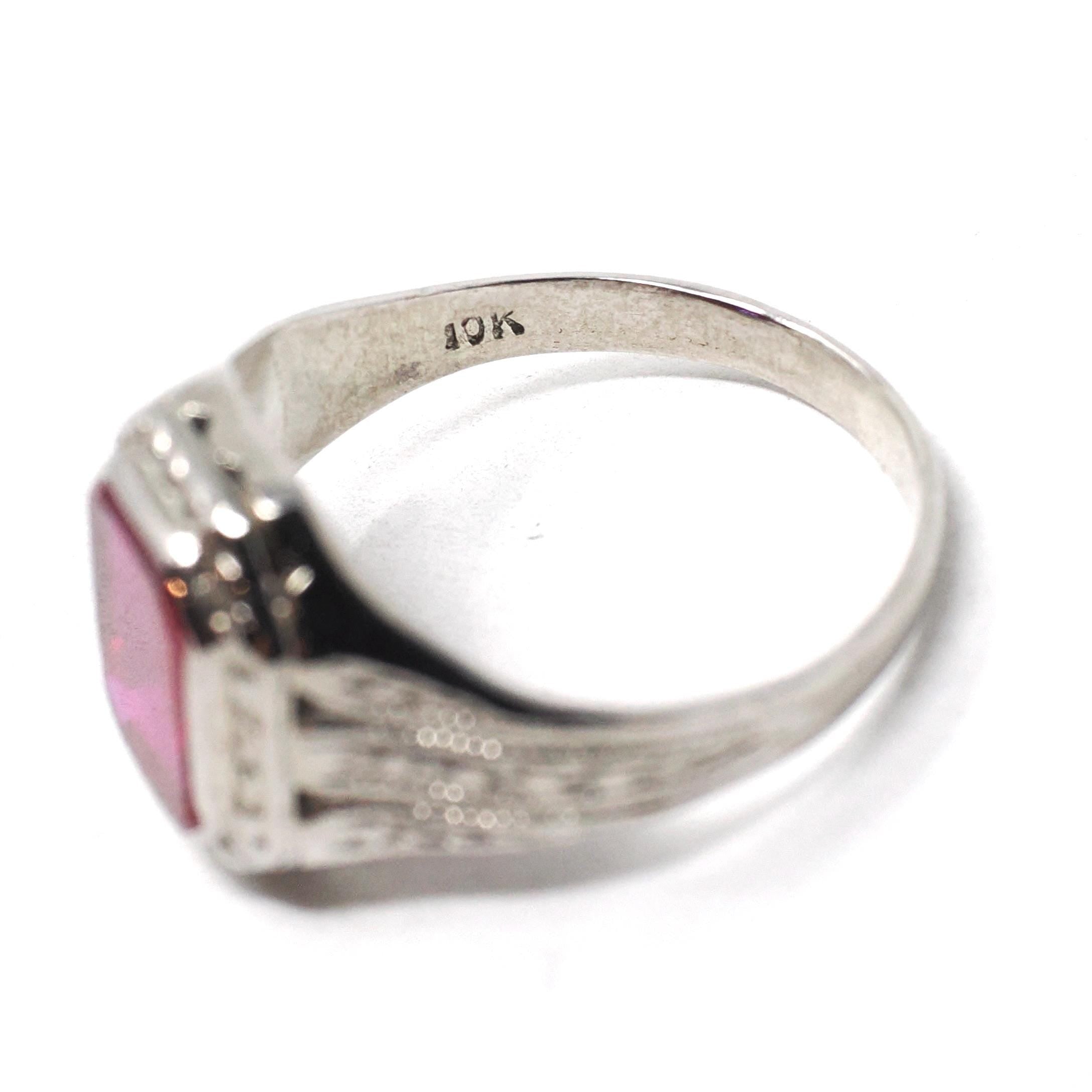 Art Deco Ring - Vintage 10k White Gold Bezel Set Created Red Ruby Gemstone - Circa 1930s Size 5 3/4 July Birthstone Fine Statement Jewelry