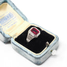 Art Deco Ring - Vintage 10k White Gold Bezel Set Created Red Ruby Gemstone - Circa 1930s Size 5 3/4 July Birthstone Fine Statement Jewelry