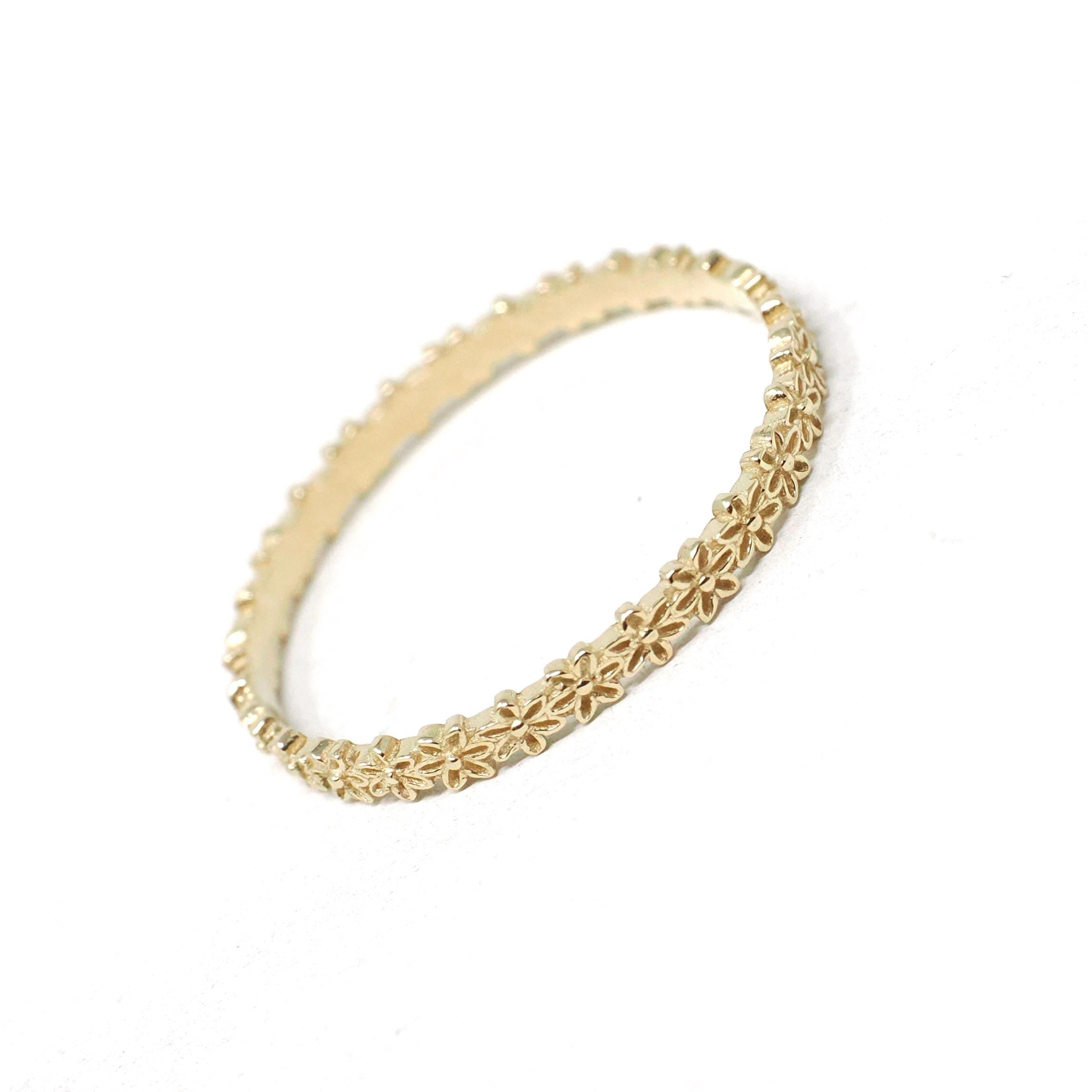 Eternity Flower Band - Estate 14k Yellow Gold Floral 2.3 MM Stacking Wedding Ring - Modern Era Size 8.75 Nature Inspired Dainty Fine Jewelry