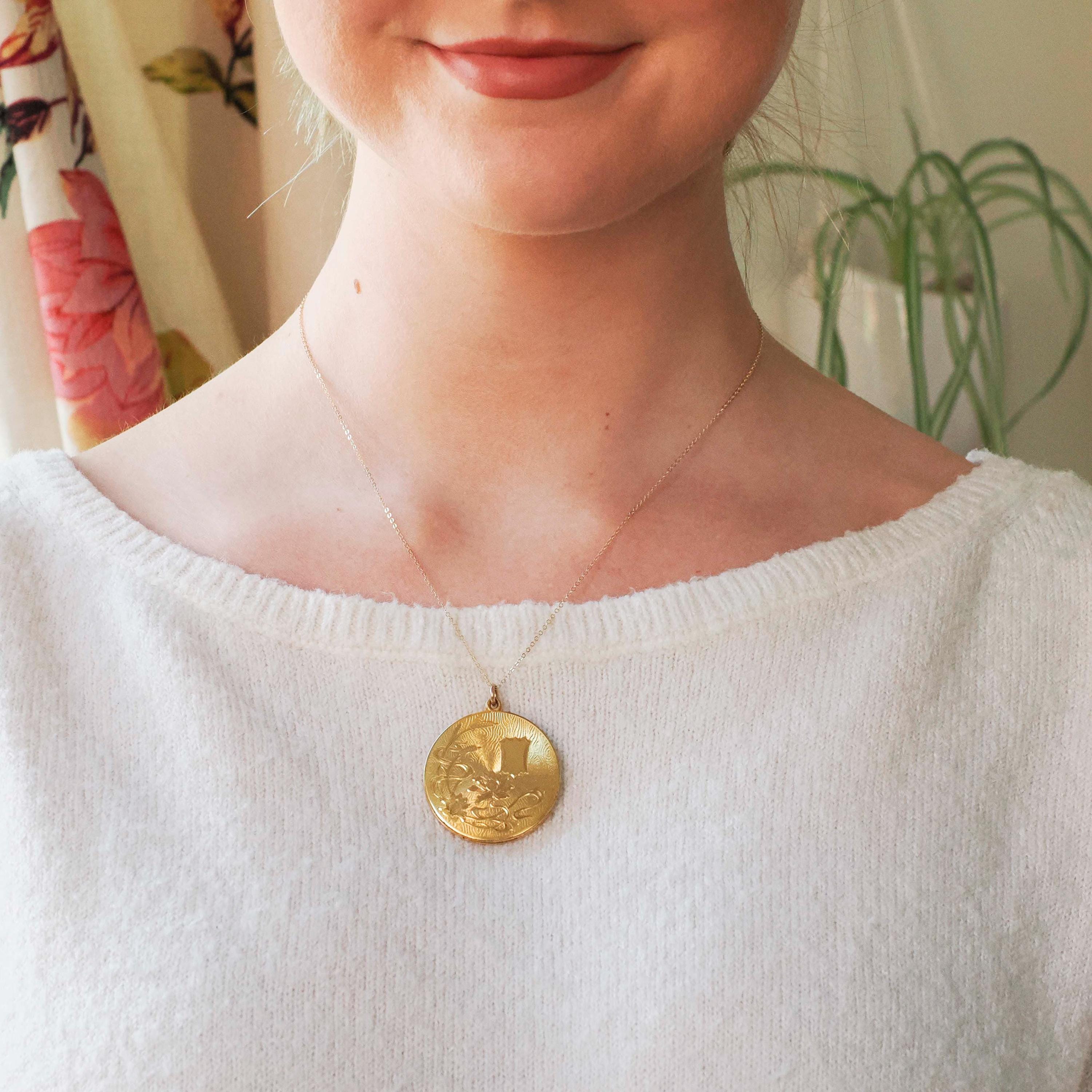 Antique Photo Locket - Edwardian Era Gold Filled Flower Design Round Fob Necklace - Patented 1903 Keepsake Floral Signed RBM Atrice Jewelry