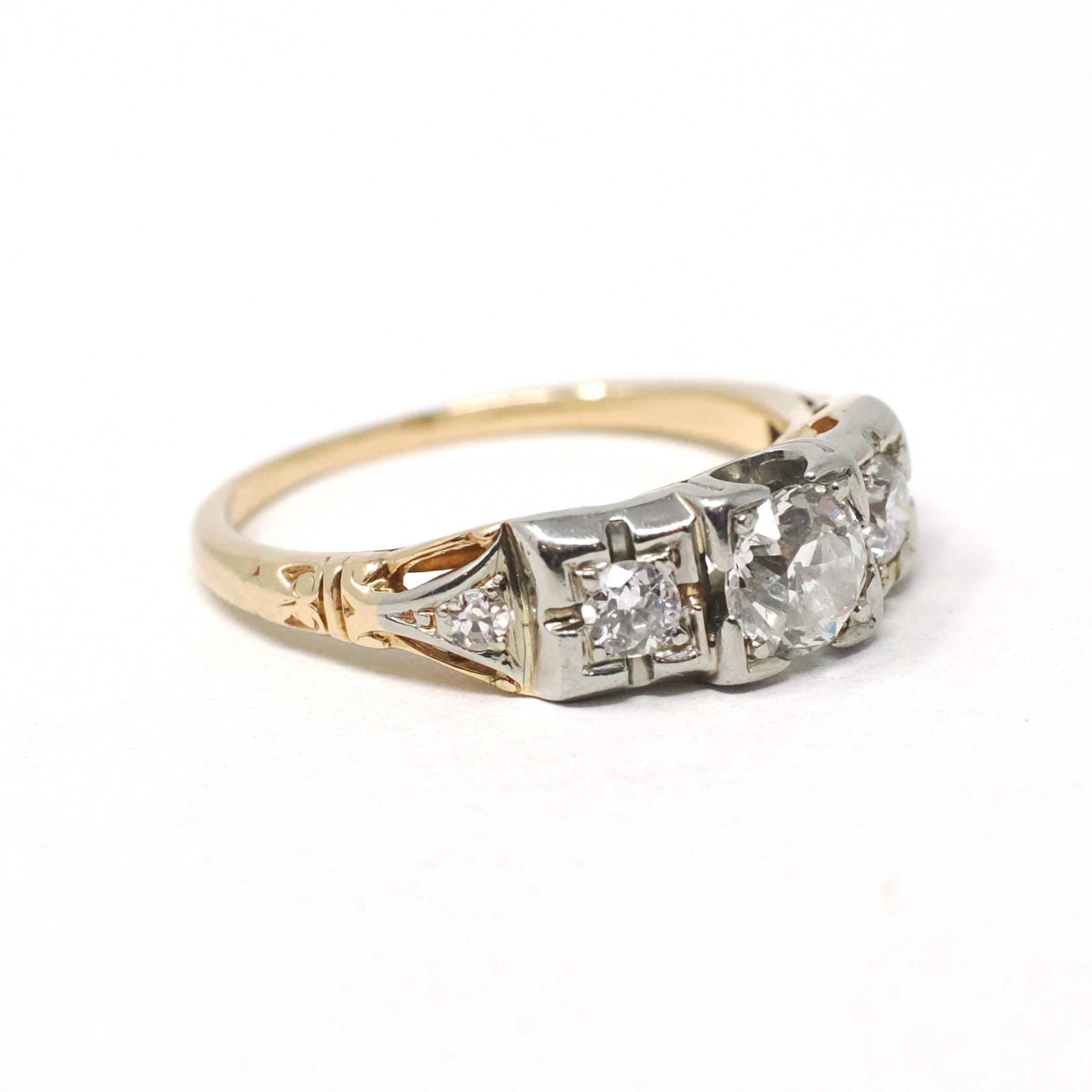 Vintage Engagement Ring - Mid Century 14k Yellow & 18k White Gold Natural .69 CTW Diamonds - Circa 1940s Size 5.25 Bridal Fine Jewelry