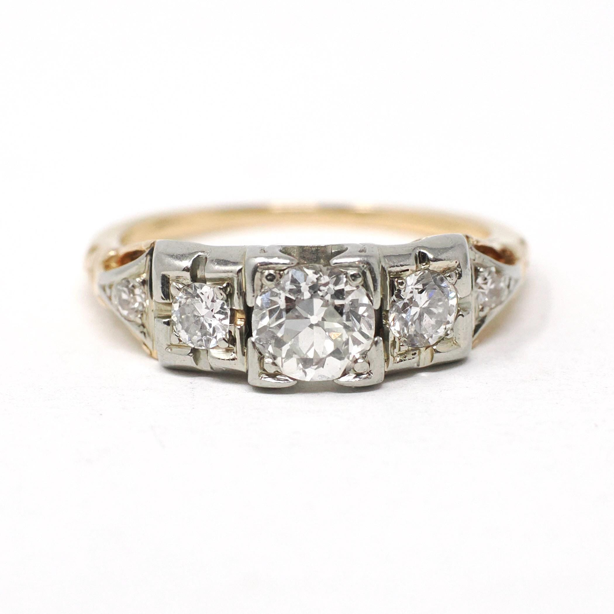 Vintage Engagement Ring - Mid Century 14k Yellow & 18k White Gold Natural .69 CTW Diamonds - Circa 1940s Size 5.25 Bridal Fine Jewelry