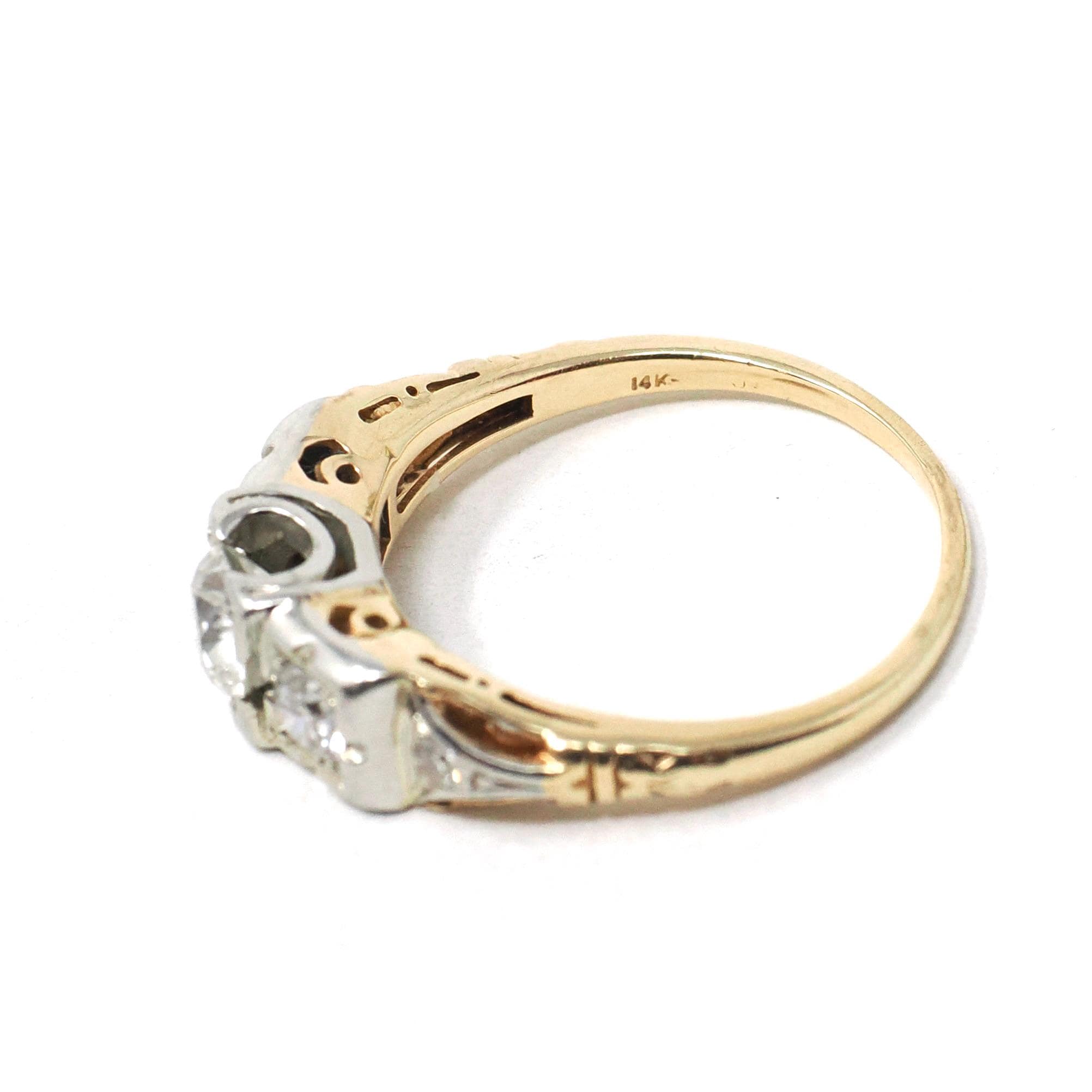 Vintage Engagement Ring - Mid Century 14k Yellow & 18k White Gold Natural .69 CTW Diamonds - Circa 1940s Size 5.25 Bridal Fine Jewelry