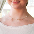 Cultured Pearl Station Necklace - Modern 14k Yellow Gold Stationary Dainty Cable Link Chain - Estate Circa 2000s Era 15 1/2 Fine Y2K Jewelry