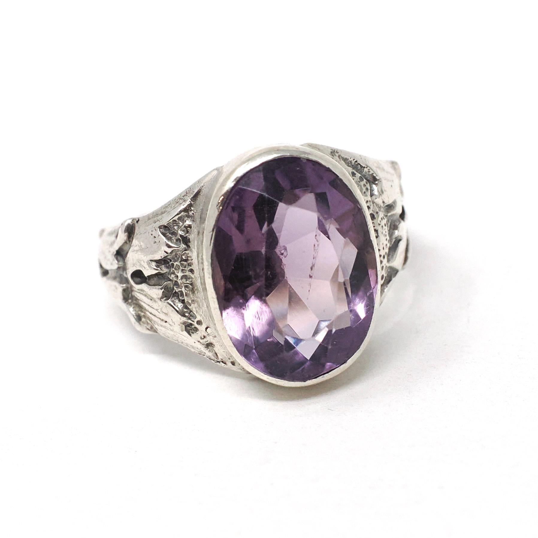 Vintage Amethyst Ring - Retro 800 Silver Purple Natural Bezel Set Gemstone - Circa 1960s Size 5 3/4 February Birthstone Statement Jewelry