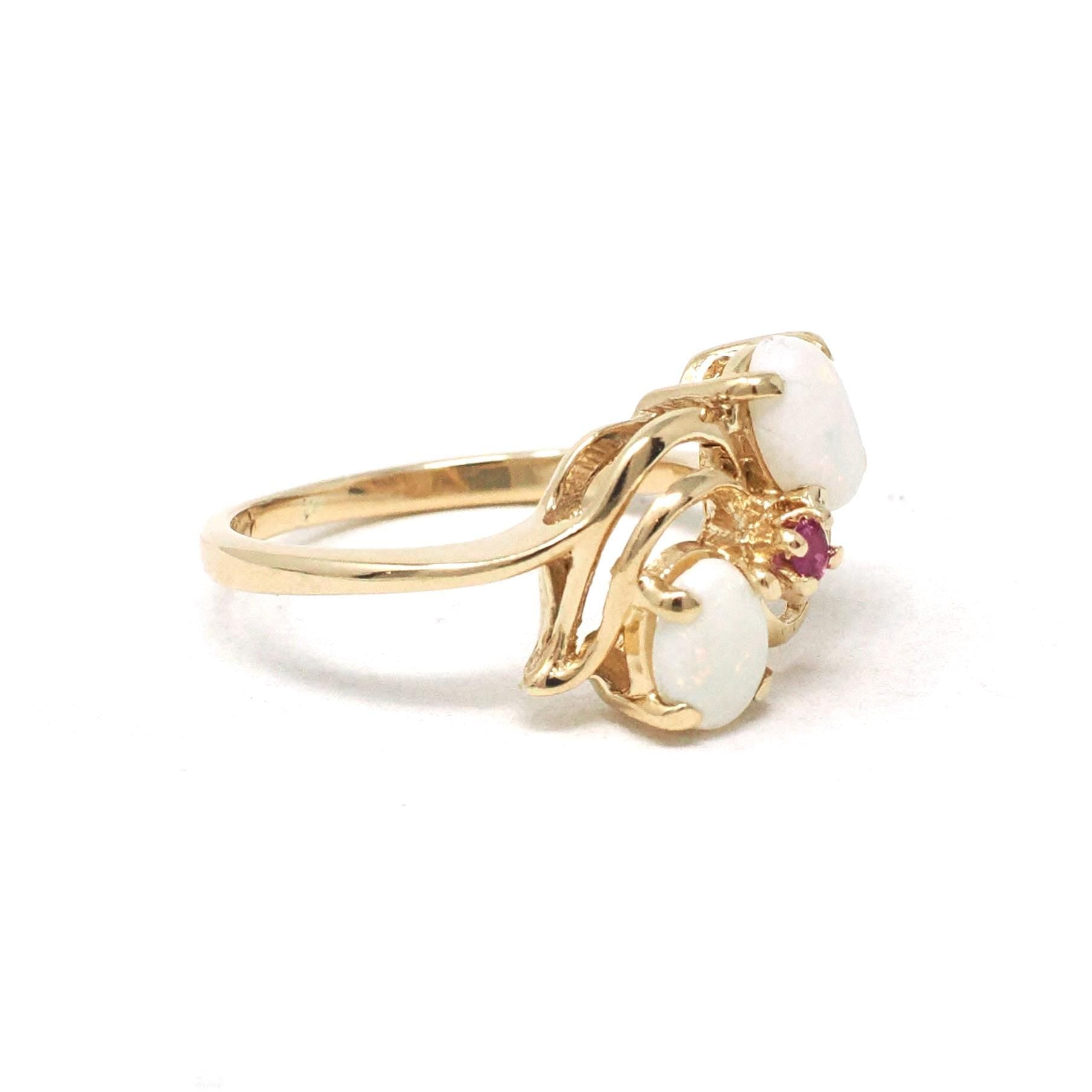 Opal & Ruby Ring - 14k Yellow Gold Natural Cabochon Cut Gemstone Band - Modern Estate Size 5 1/2 October Bypass Style Fine Statement Jewelry