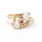 Opal & Ruby Ring - 14k Yellow Gold Natural Cabochon Cut Gemstone Band - Modern Estate Size 5 1/2 October Bypass Style Fine Statement Jewelry