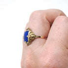 Lapis Lazuli Ring - Vintage 10k Two Tone Gold Dark Blue Cabochon Gemstone - Circa 1940s Era Size 6 1/4 Floral Details Fine Statement Jewelry