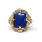 Lapis Lazuli Ring - Vintage 10k Two Tone Gold Dark Blue Cabochon Gemstone - Circa 1940s Era Size 6 1/4 Floral Details Fine Statement Jewelry