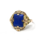 Lapis Lazuli Ring - Vintage 10k Two Tone Gold Dark Blue Cabochon Gemstone - Circa 1940s Era Size 6 1/4 Floral Details Fine Statement Jewelry