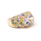 Amethyst Rainbow Ring - Modern 14k Yellow Gold Natural Pale Purple Gem Sapphire & Emerald - Estate Size 9.25 Pave Set Dome Band Fine Jewelry