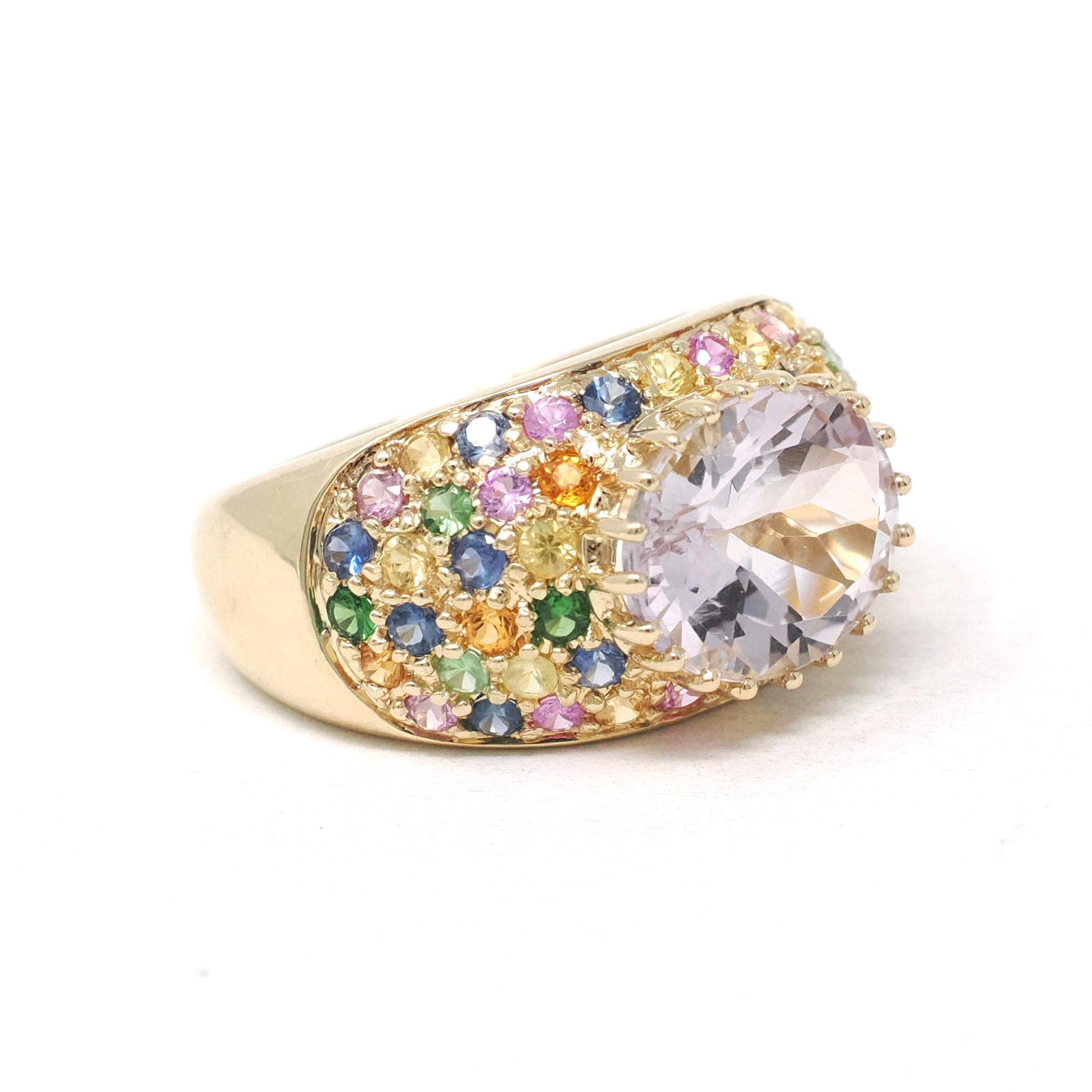Amethyst Rainbow Ring - Modern 14k Yellow Gold Natural Pale Purple Gem Sapphire & Emerald - Estate Size 9.25 Pave Set Dome Band Fine Jewelry