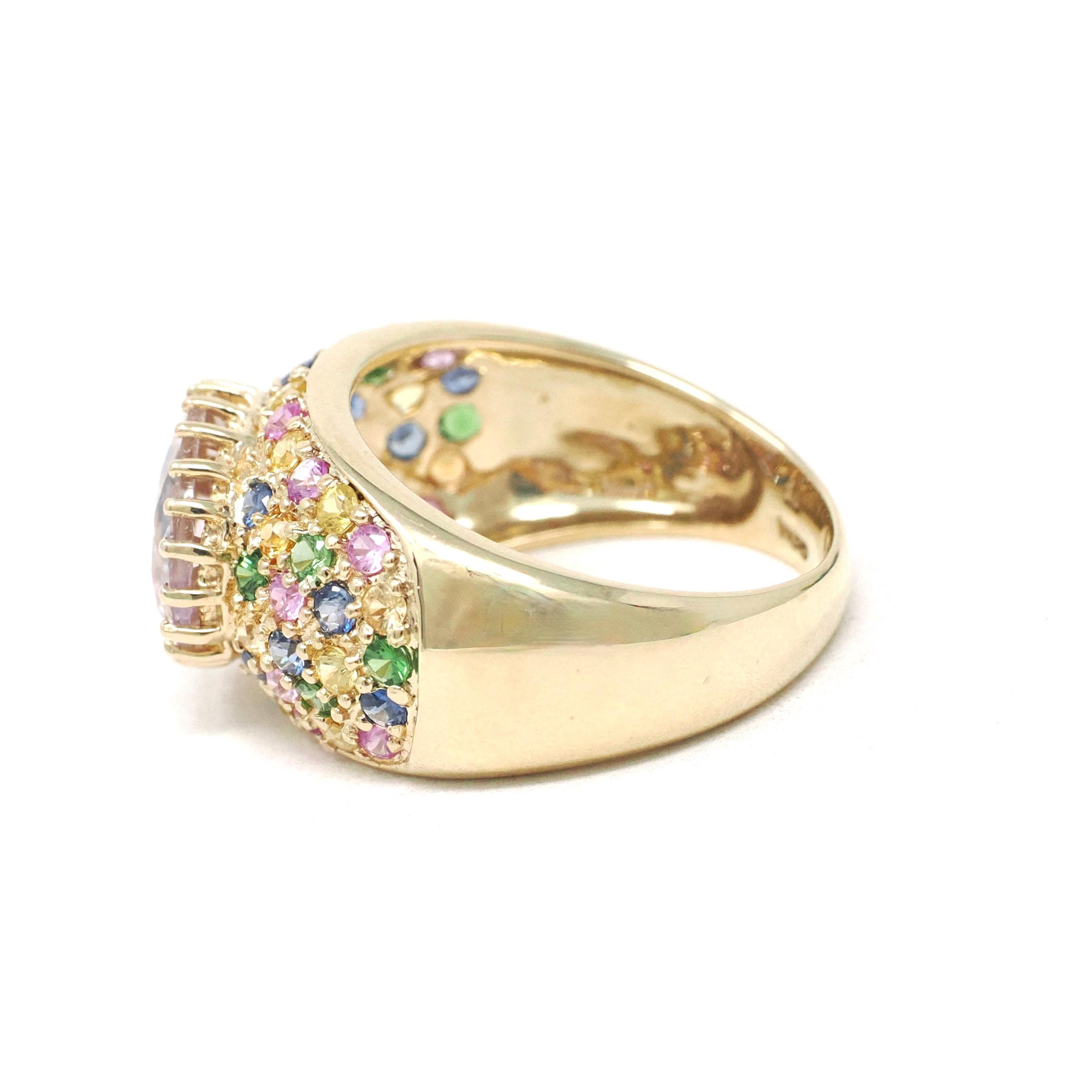 Amethyst Rainbow Ring - Modern 14k Yellow Gold Natural Pale Purple Gem Sapphire & Emerald - Estate Size 9.25 Pave Set Dome Band Fine Jewelry