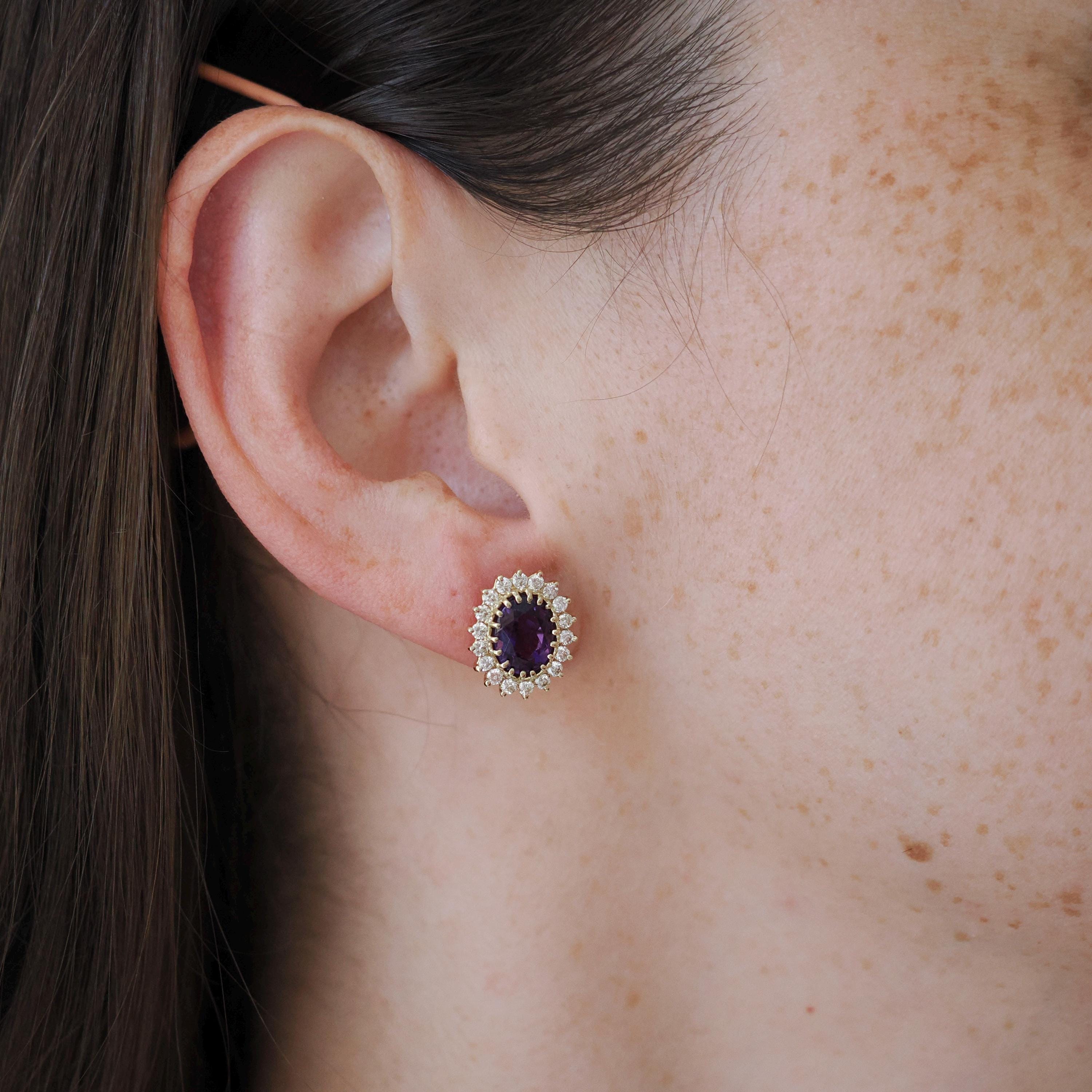 Amethyst & Diamond Halo Earrings - Modern 14k Yellow Gold Pierced Post Push Back Cluster Gem Studs - Estate Circa 2000's Era Purple Jewelry