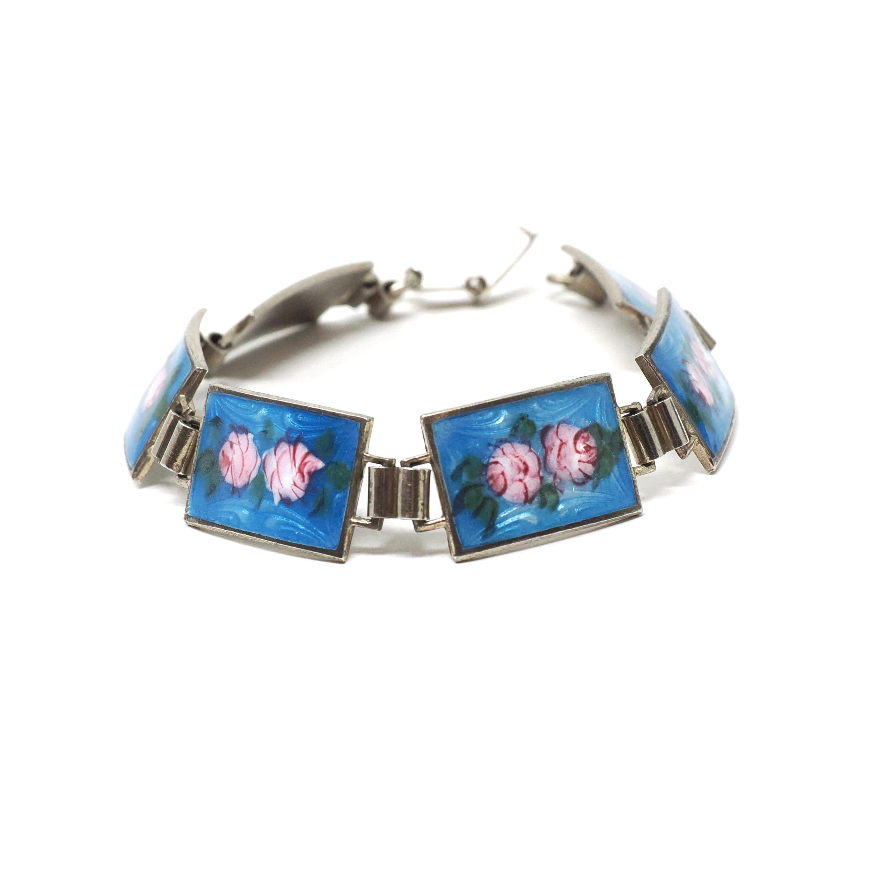 Art Deco Bracelet - Vintage Sterling Silver Blue Guilloché Enamel Pink Rose Baby Blue - Circa 1930s Era Panel Fashion Accessory 30s Jewelry