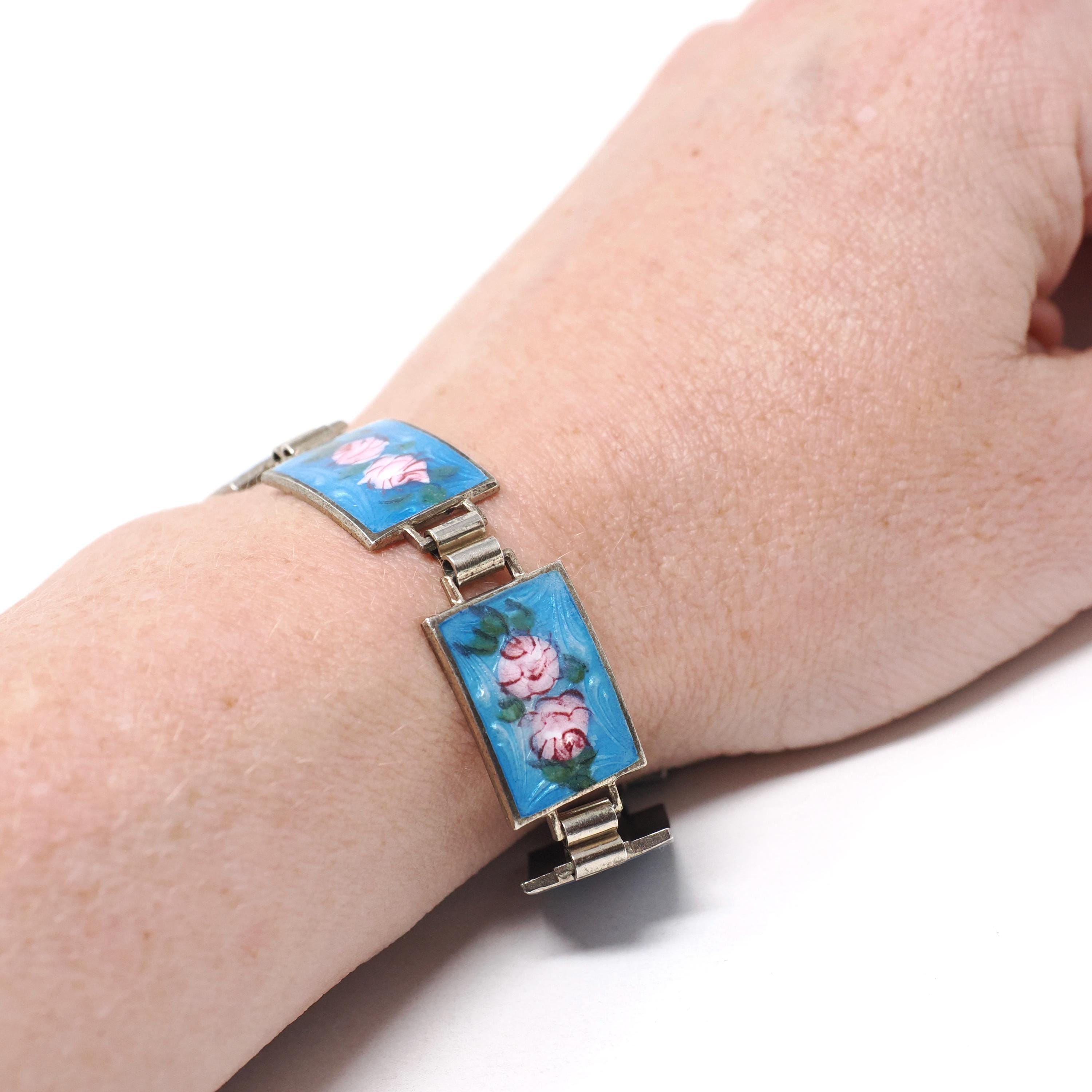 Art Deco Bracelet - Vintage Sterling Silver Blue Guilloché Enamel Pink Rose Baby Blue - Circa 1930s Era Panel Fashion Accessory 30s Jewelry