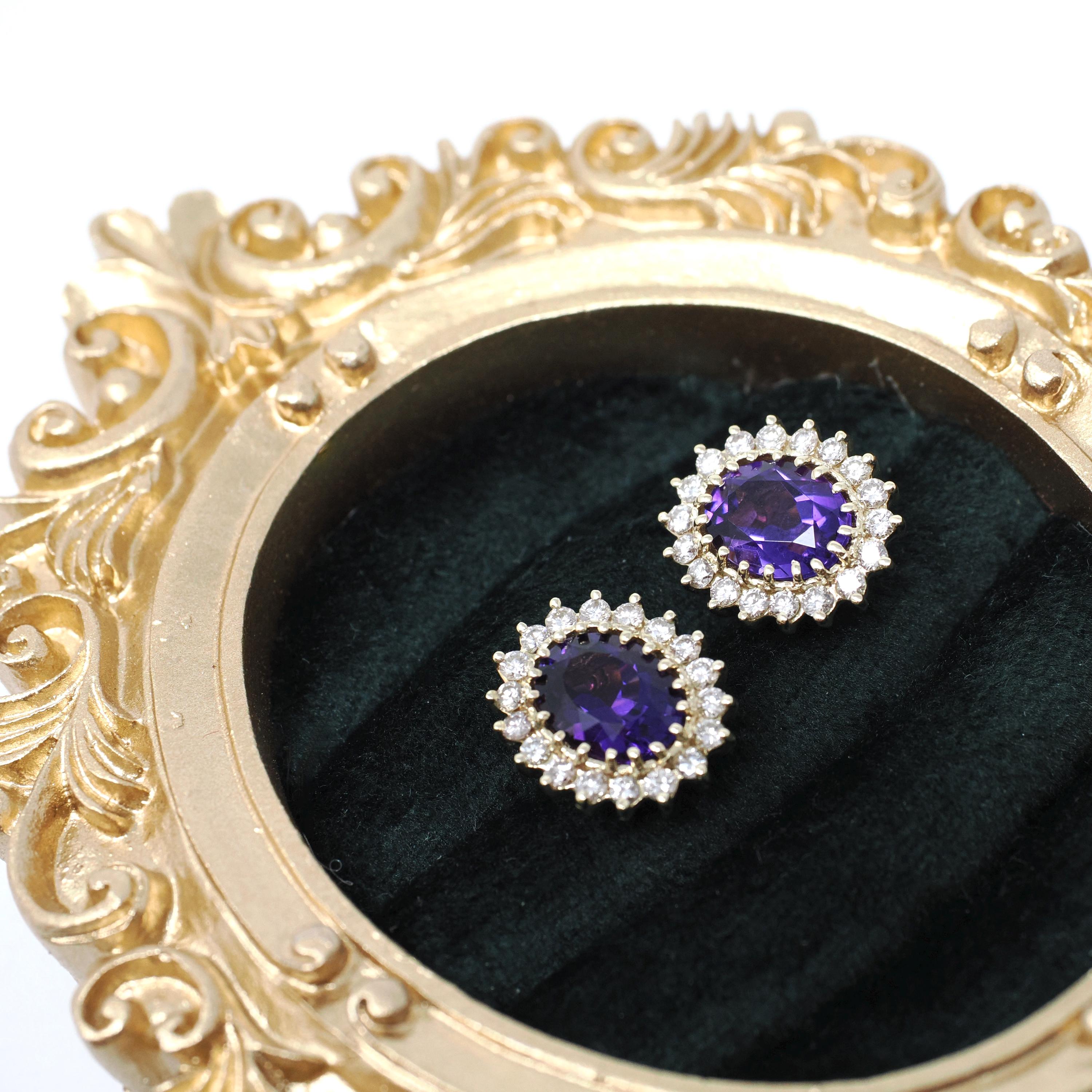 Amethyst & Diamond Halo Earrings - Modern 14k Yellow Gold Pierced Post Push Back Cluster Gem Studs - Estate Circa 2000's Era Purple Jewelry