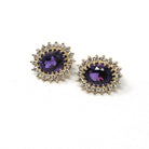 Amethyst & Diamond Halo Earrings - Modern 14k Yellow Gold Pierced Post Push Back Cluster Gem Studs - Estate Circa 2000's Era Purple Jewelry