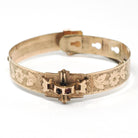 Victorian Era Bangle - Antique Gold Filled Simulated Garnet Red Glass Belt Buckle Style Bracelet - Circa 1900 Floral Children's Jewelry