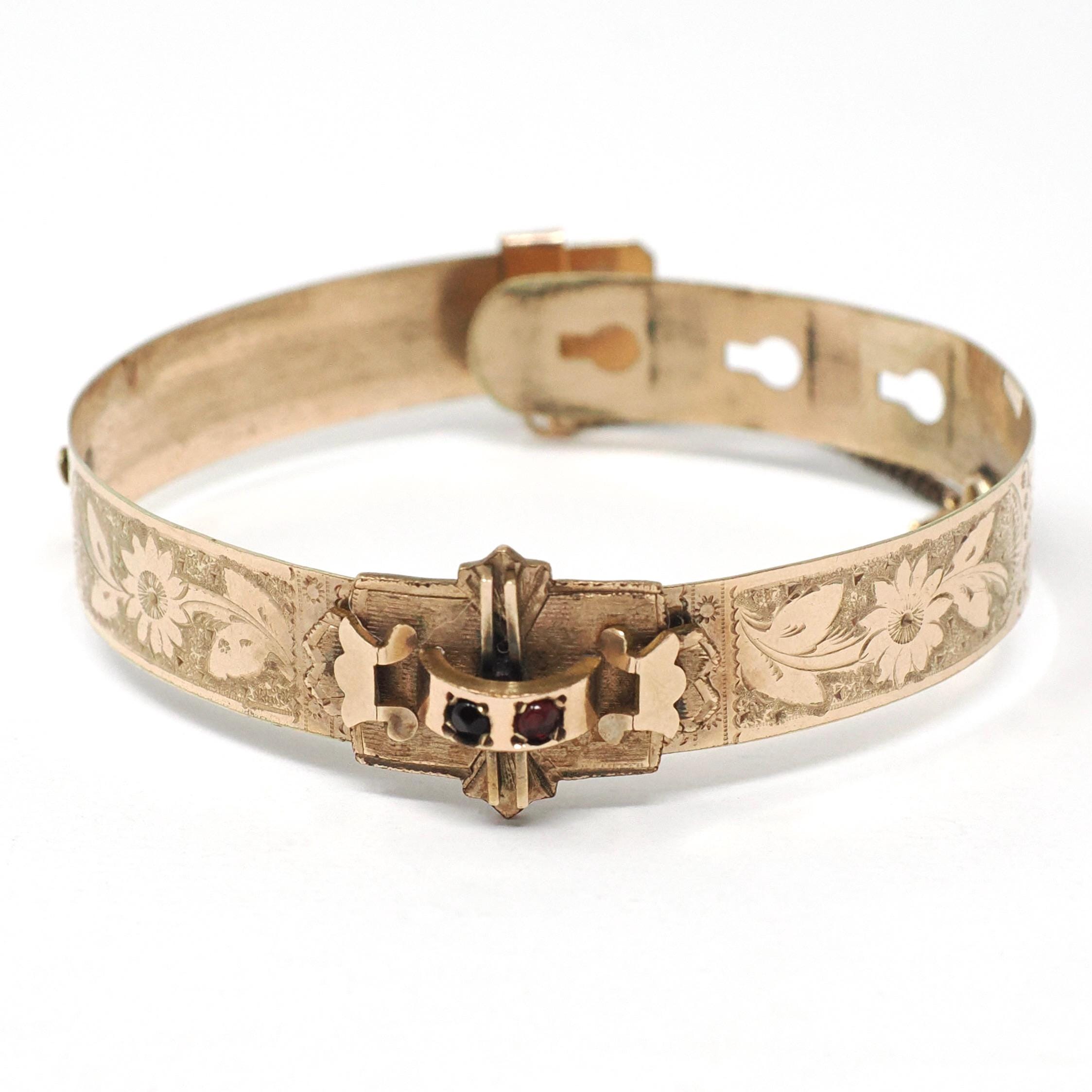 Victorian Era Bangle - Antique Gold Filled Simulated Garnet Red Glass Belt Buckle Style Bracelet - Circa 1900 Floral Children's Jewelry