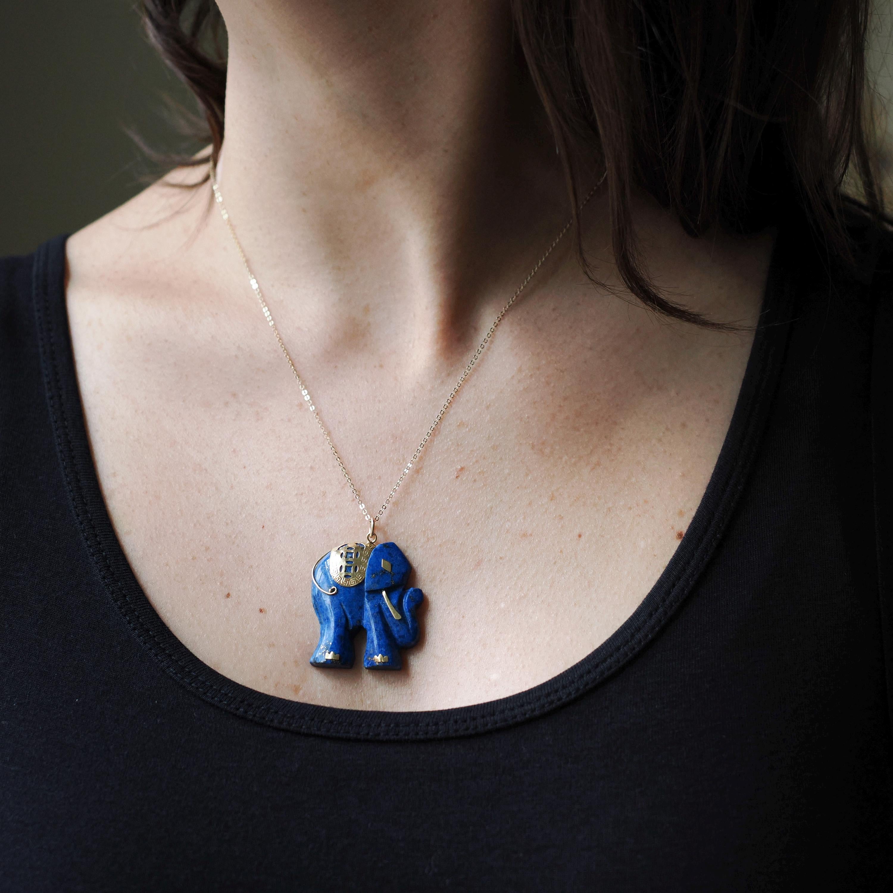 Vintage Elephant Pendant - Estate 14k Yellow Gold Carved Natural Blue Lapis Lazuli Gemstone Necklace - 1990's Era Cultural Statement Jewelry