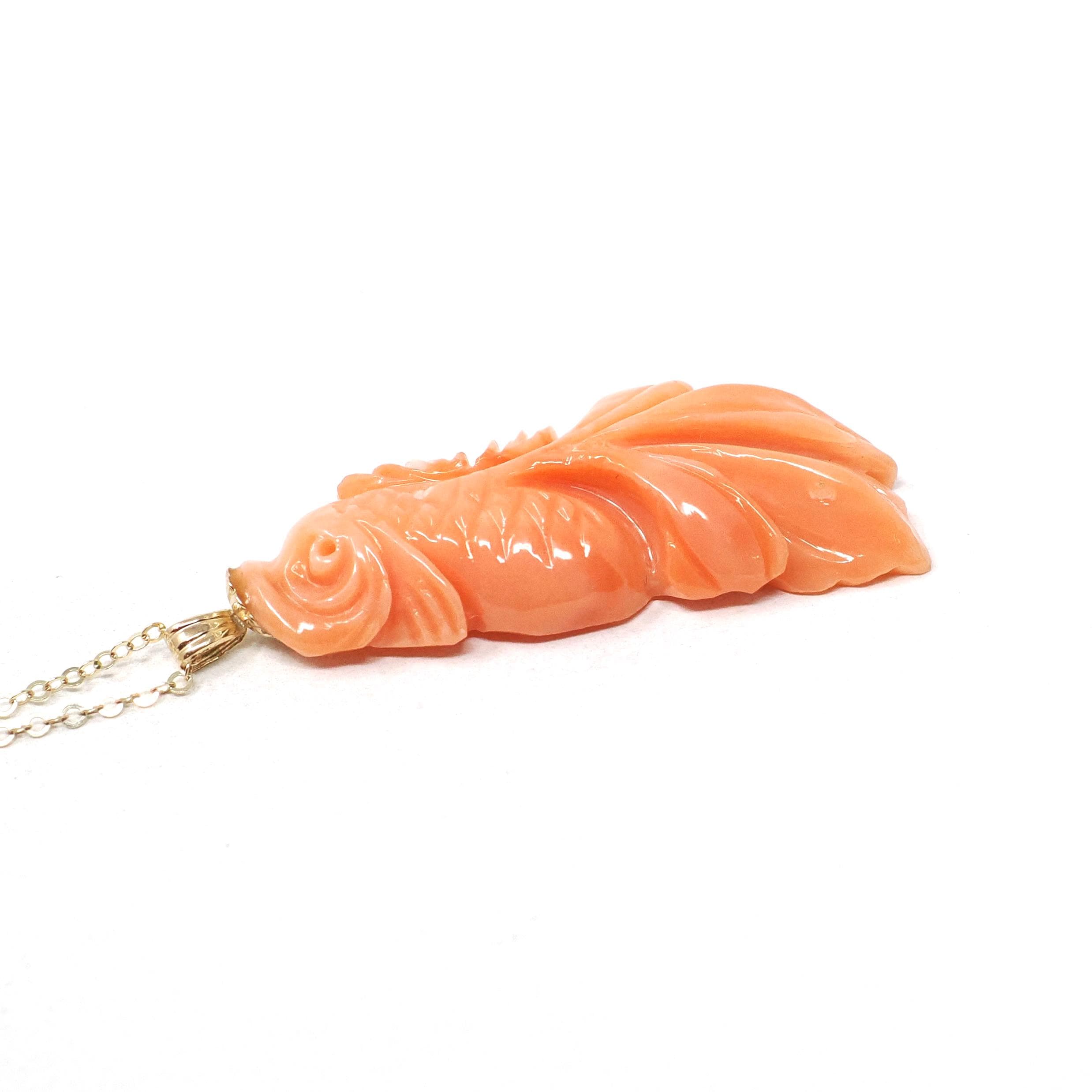 Vintage Coral Fish Pendant - Estate 14k Yellow Gold Figural Carved Pink Gemstone Charm Necklace - Modern Circa 1990 Era Organic Fine Jewelry