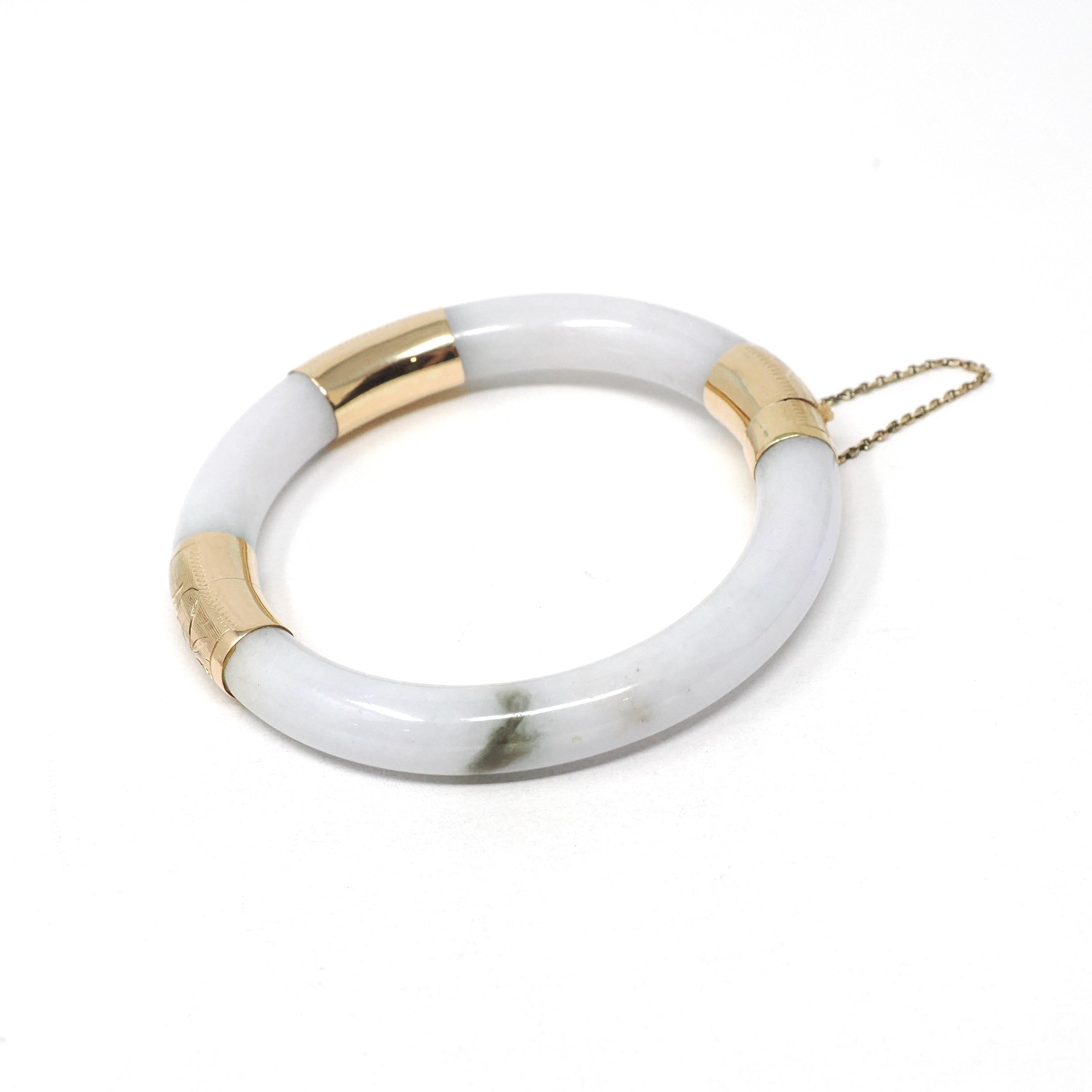 Retro Era Jade Bangle - Vintage 14k Yellow Gold Green Jadeite Hinged Cuff Bracelet - Circa 1960s Era Yuan Man Unity Fine Chinese Jewelry