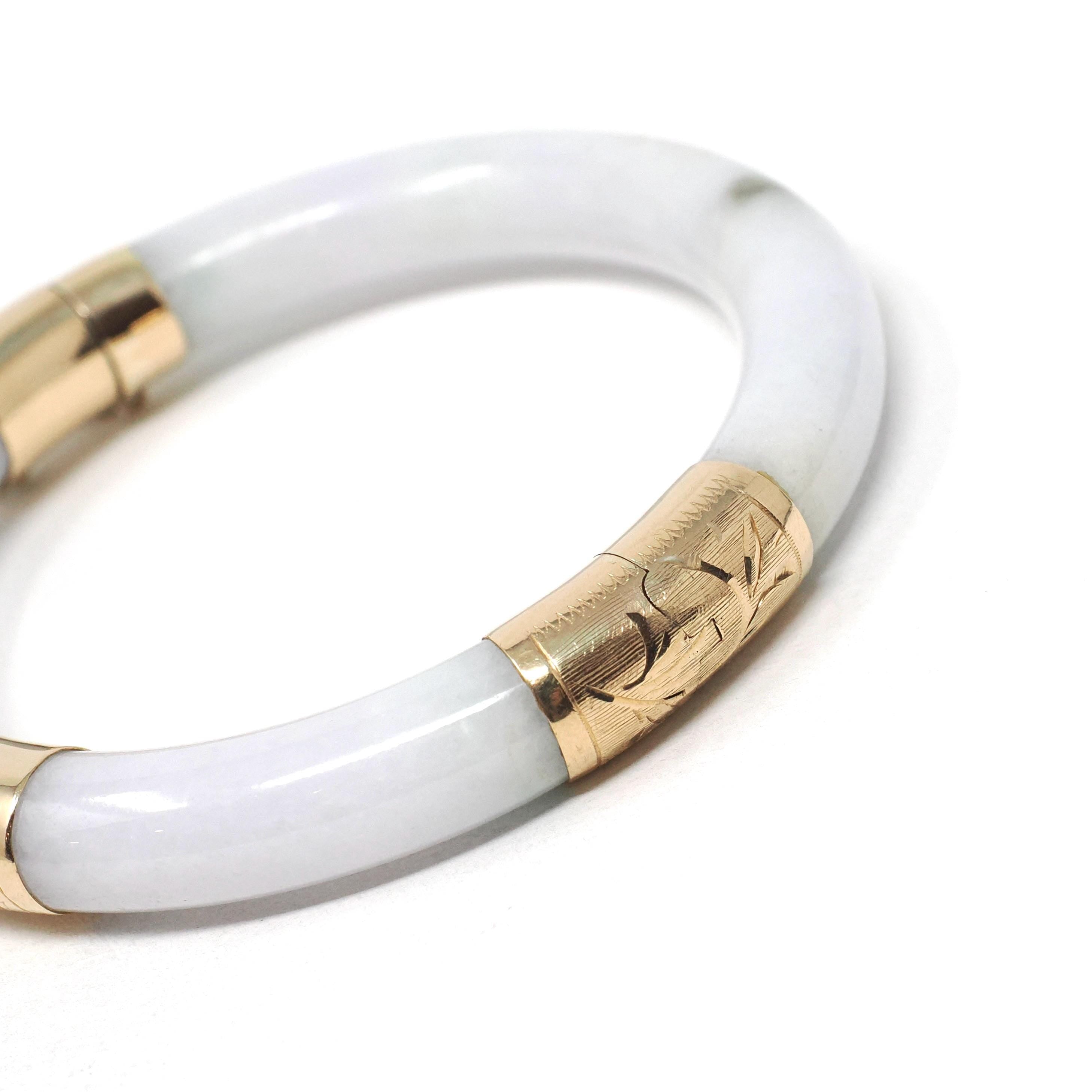 Retro Era Jade Bangle - Vintage 14k Yellow Gold Green Jadeite Hinged Cuff Bracelet - Circa 1960s Era Yuan Man Unity Fine Chinese Jewelry