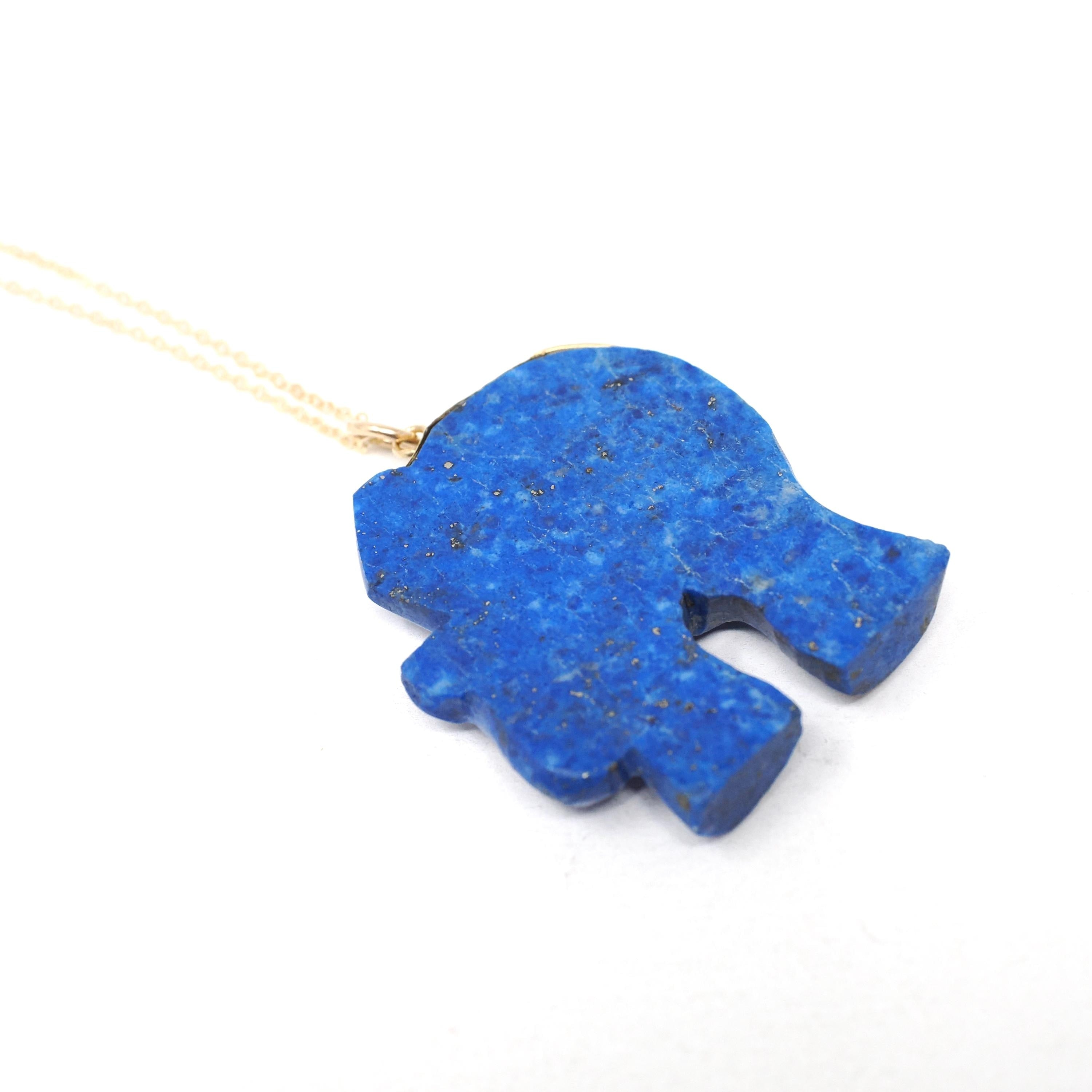 Vintage Elephant Pendant - Estate 14k Yellow Gold Carved Natural Blue Lapis Lazuli Gemstone Necklace - 1990's Era Cultural Statement Jewelry