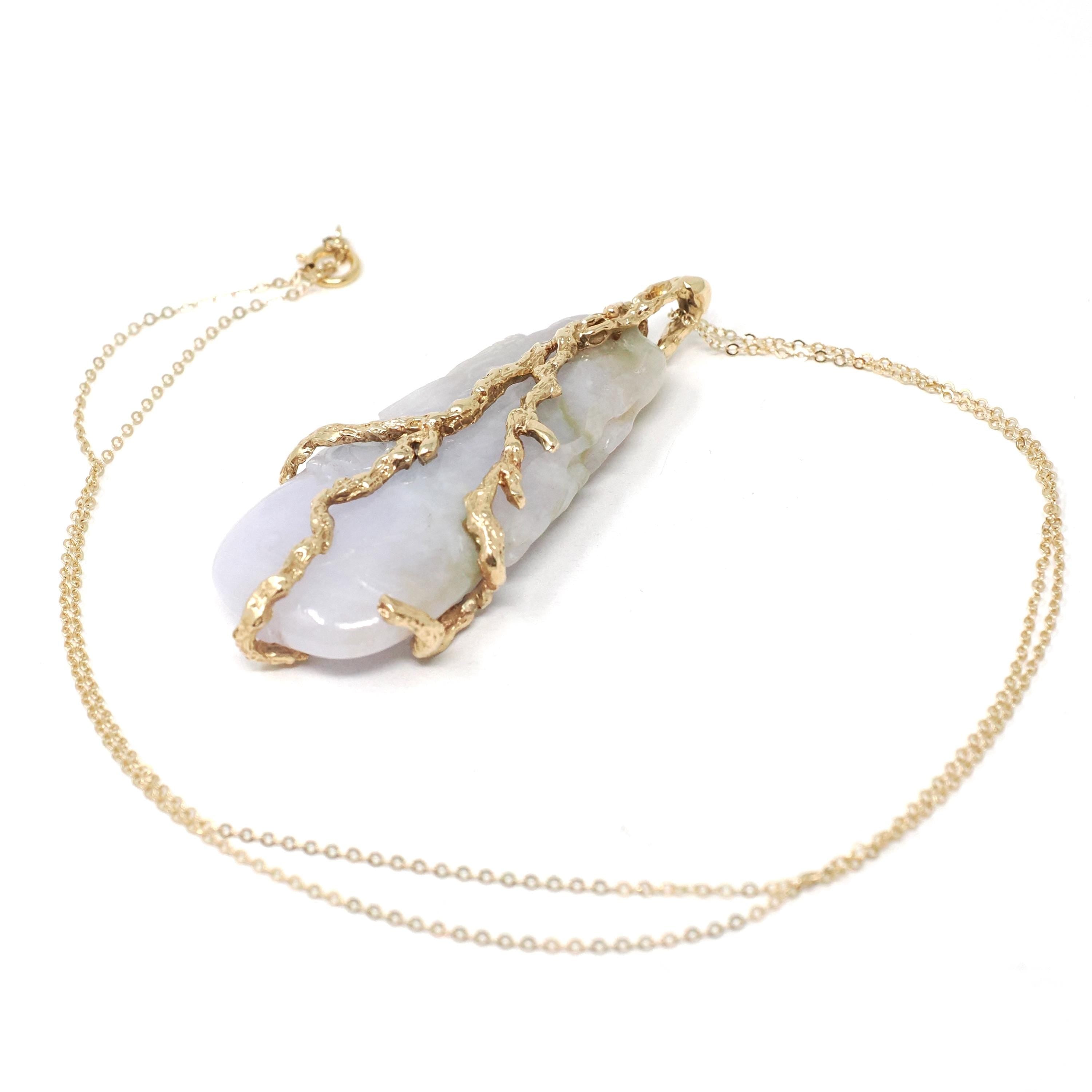 Lavender Jadeite Pendant - Estate 14k Yellow Gold Carved Green & Purple Gemstone - Circa 2000s Fine Nature Inspired Branch Statement Jewelry