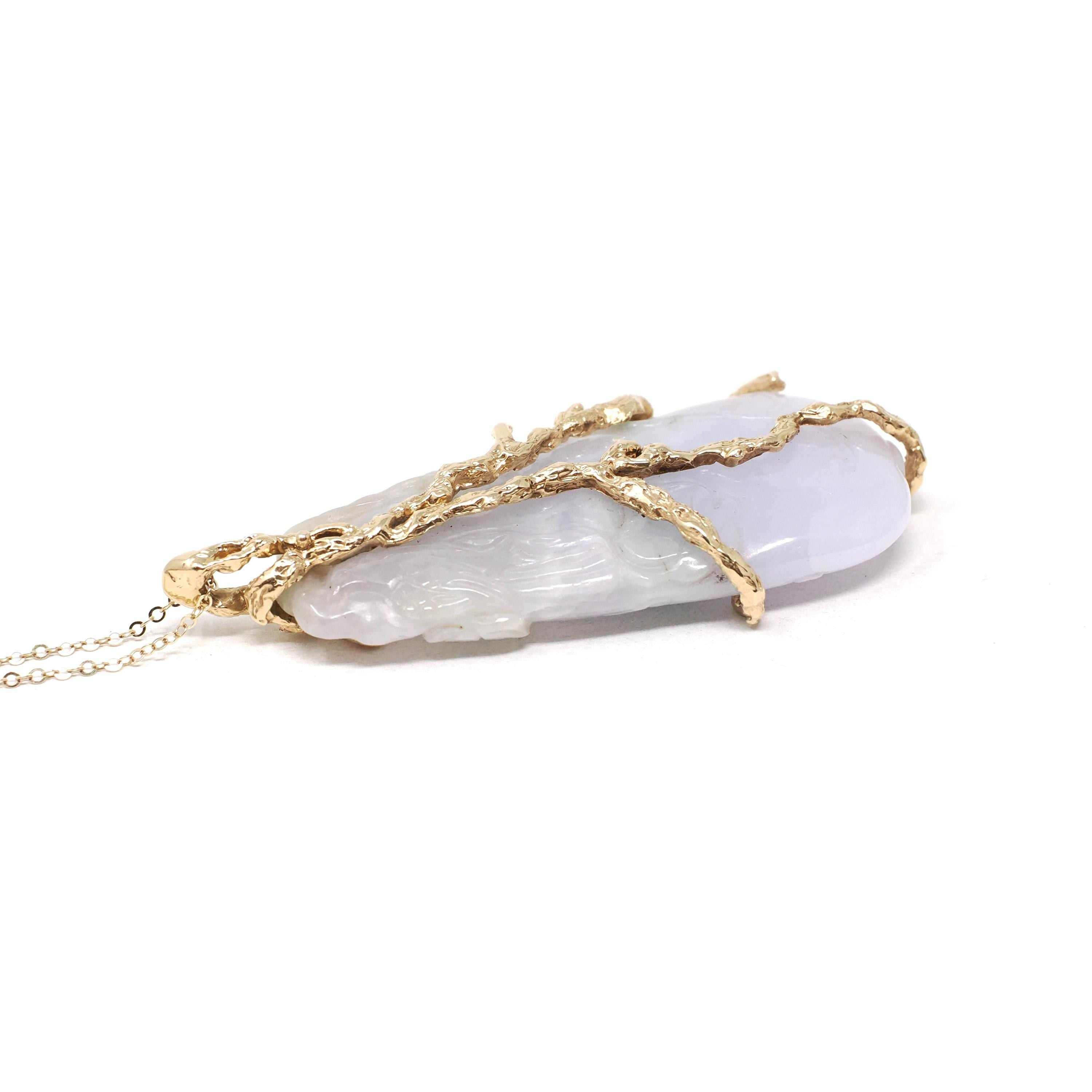 Lavender Jadeite Pendant - Estate 14k Yellow Gold Carved Green & Purple Gemstone - Circa 2000s Fine Nature Inspired Branch Statement Jewelry